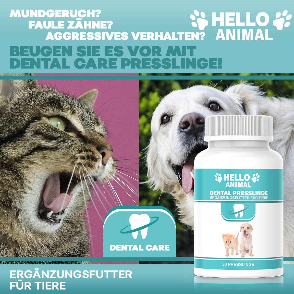 Produktflasche neben Bildern von Katze und Hund. Text: "HELLO ANIMAL", "DENTAL CARE PRESSLINGE".