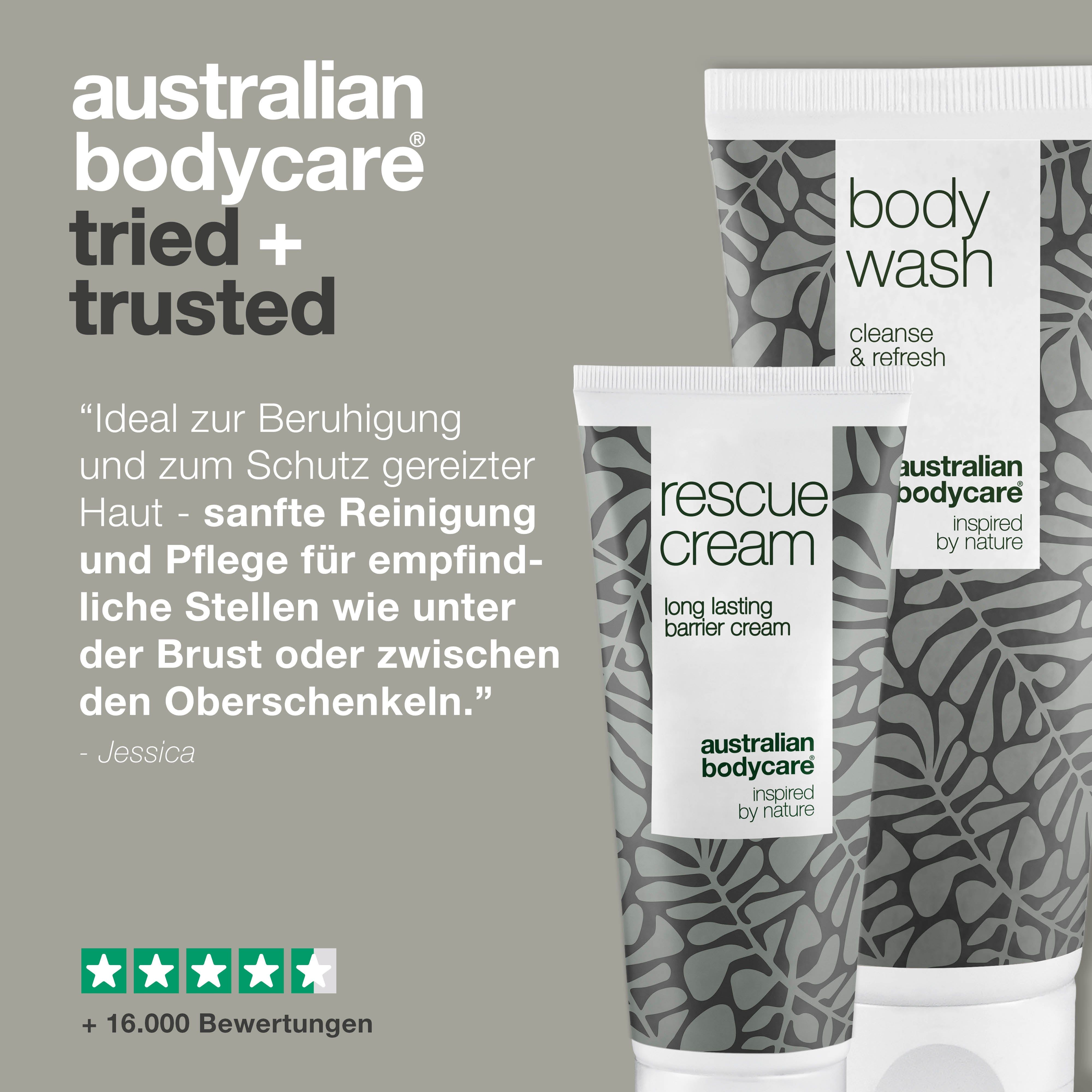 Grafik: Australian Bodycare tried + trusted. Zitat, 5 Sterne, zwei Tuben: Body Wash und Rescue Cream.