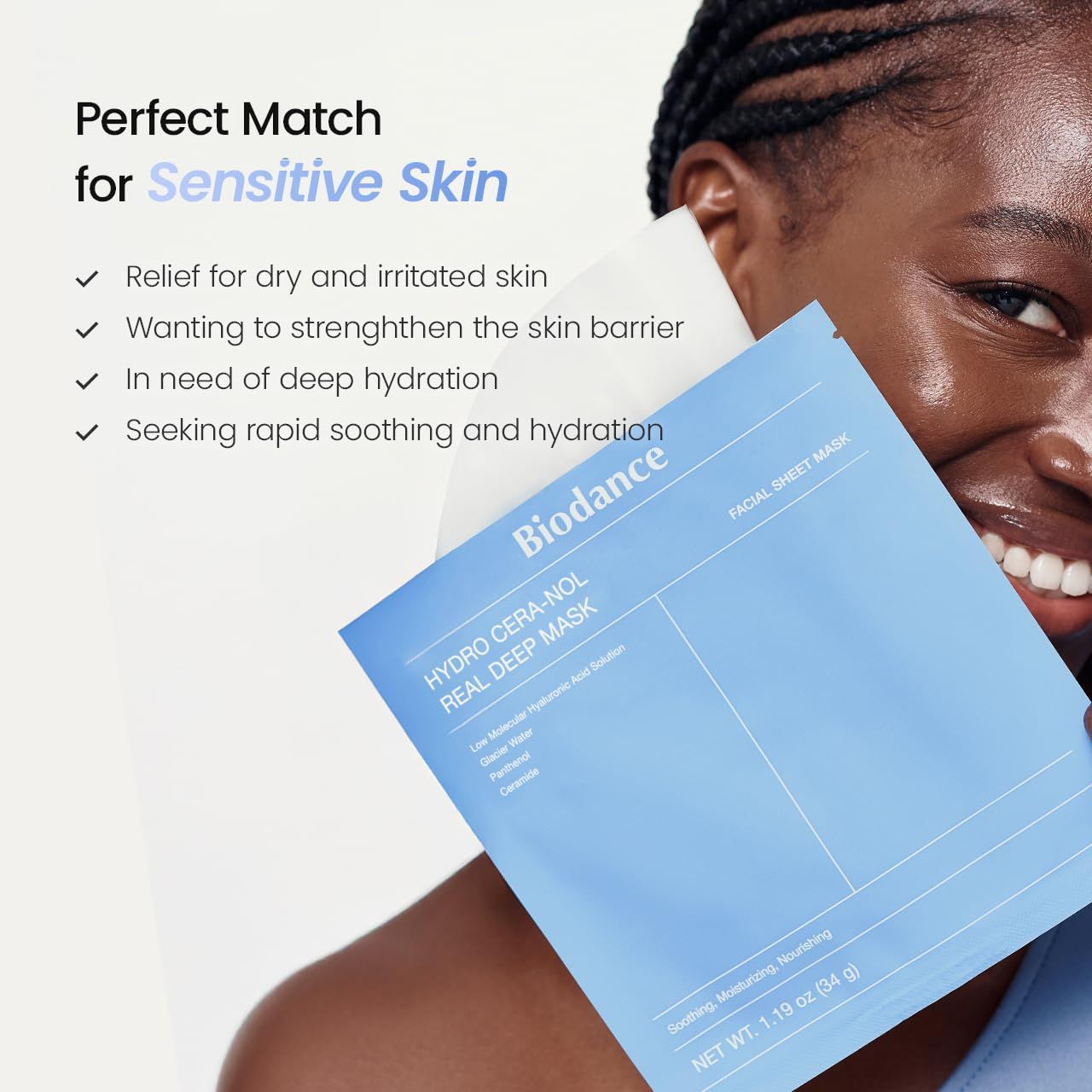 Person hält eine blaue Packung. Text: "Perfect Match for Sensitive Skin". Produktname: Biodance Hydro Cera-Nol Real Deep Mask.