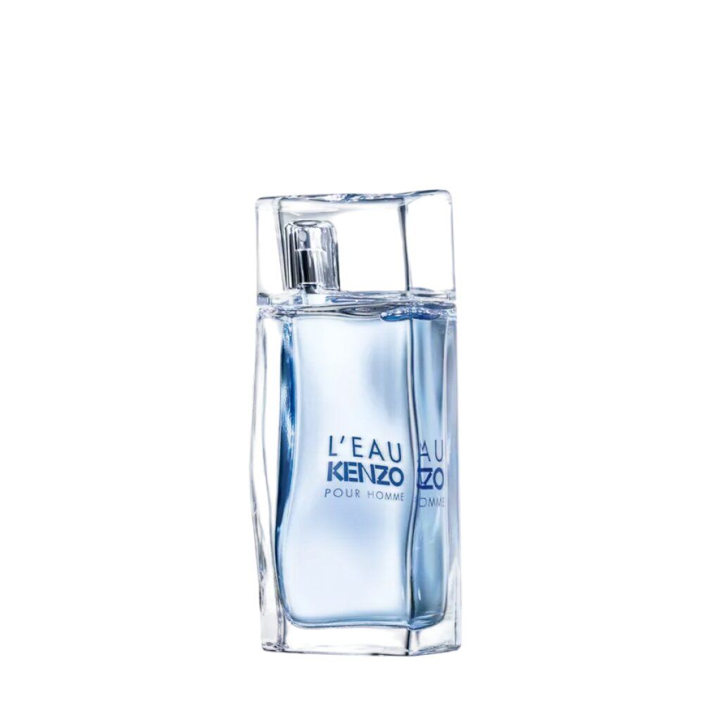 L'Eau Kenzo Pour Homme Eau de Toilette Flakon mit klarem, rechteckigem Design und silbernem Sprühkopf.
