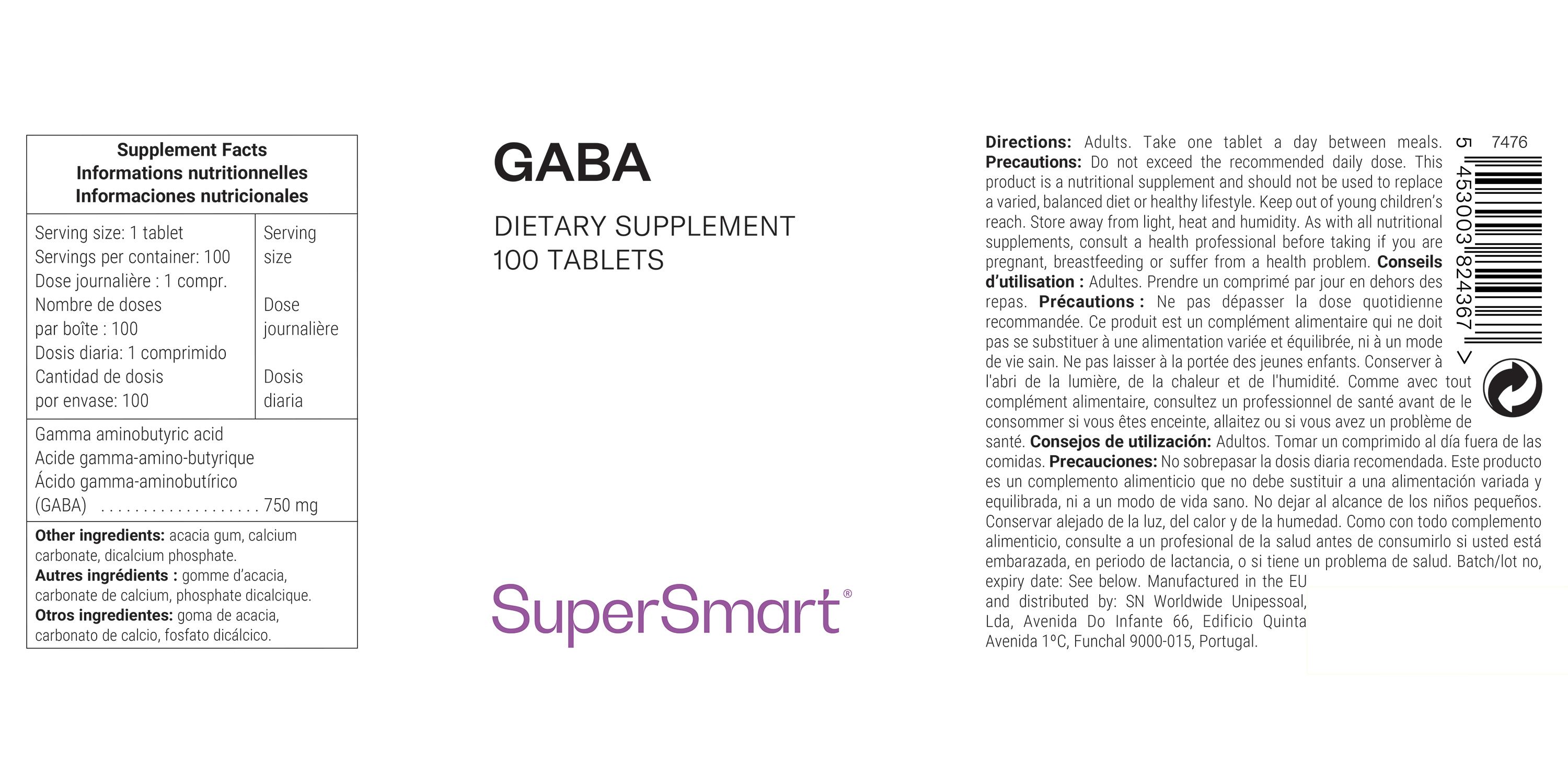 GABA-Nahrungsergänzungsmittel. 100 Tabletten. SuperSmart-Logo. Text mit Nährwertangaben und Anwendungshinweisen.