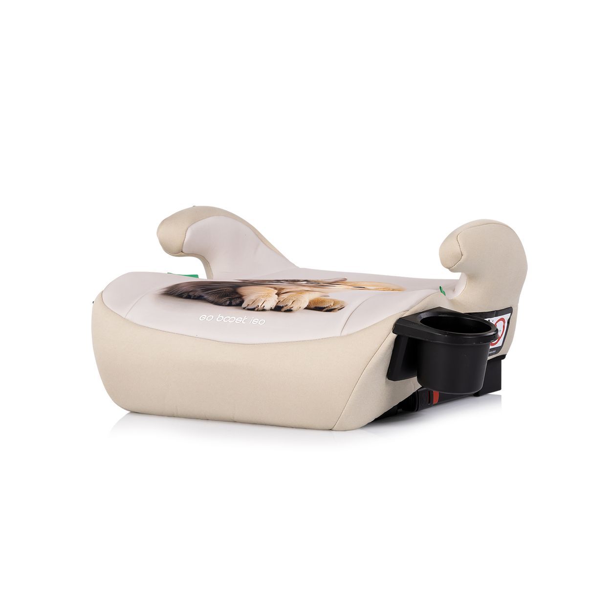 Kindersitz-Erhöhung mit gepolsterten Seitenflügeln und Getränkehalter. Beige.