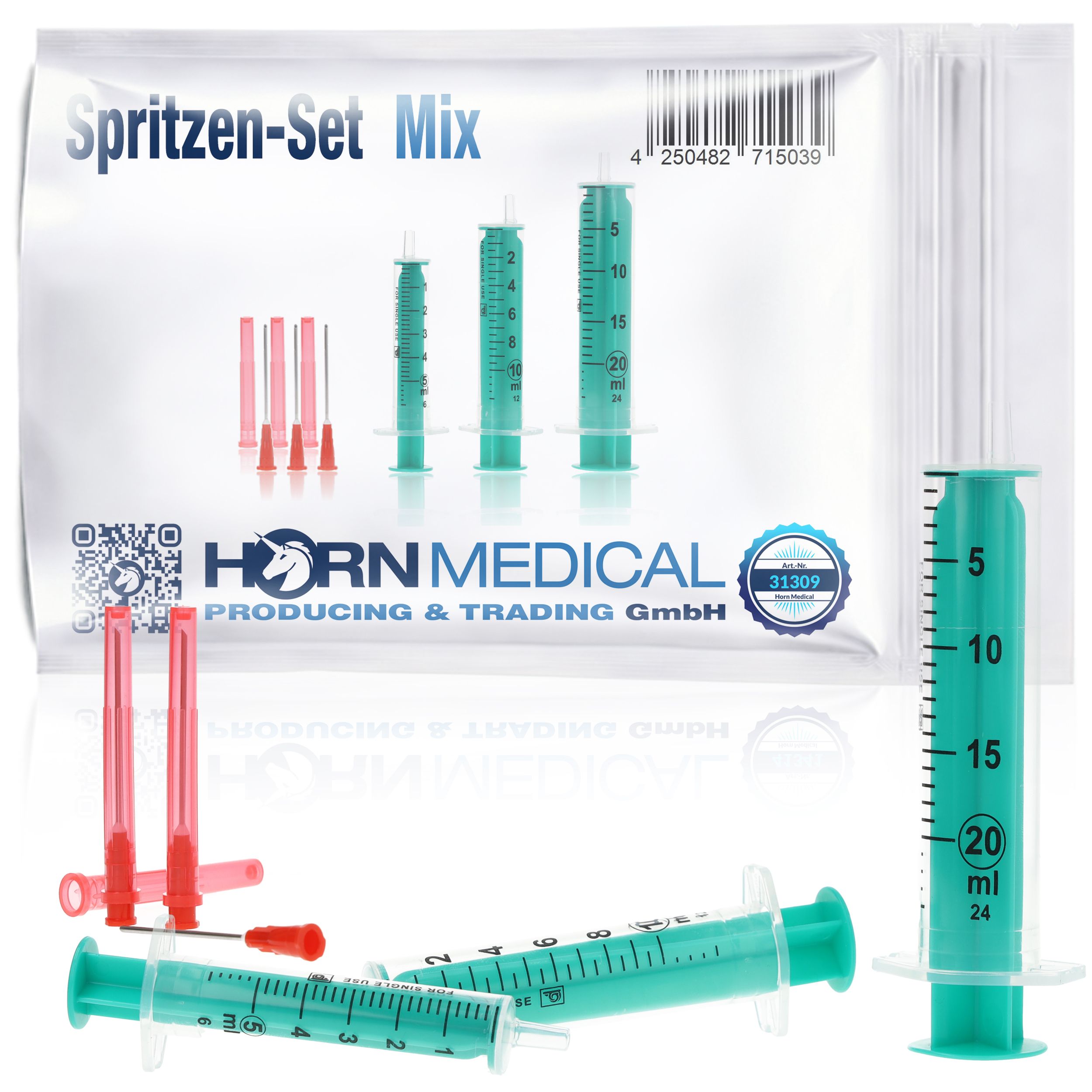 Spritzen-Set Mix, grün, mit Nadeln und Verpackung. Horn Medical Logo. Steril, einzeln versiegelt.