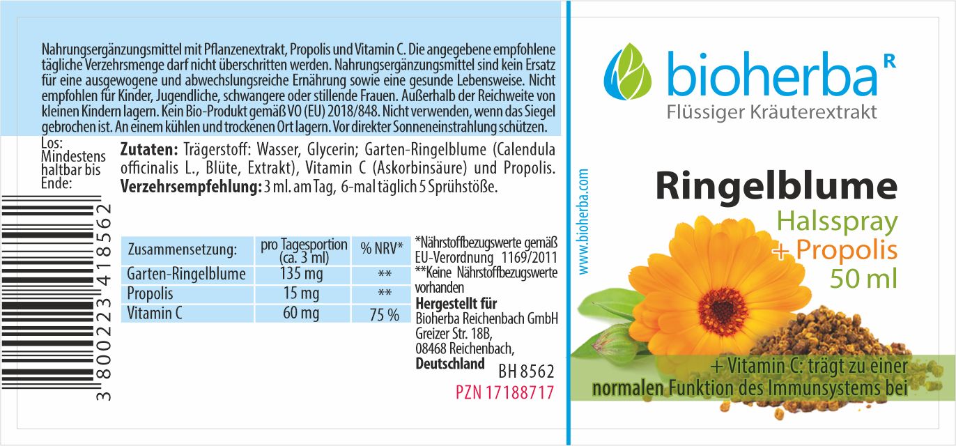 Etikett mit Produktinformationen. Enthält Ringelblume, Propolis und Vitamin C. Marke: bioherba. Flasche mit 50 ml Inhalt.
