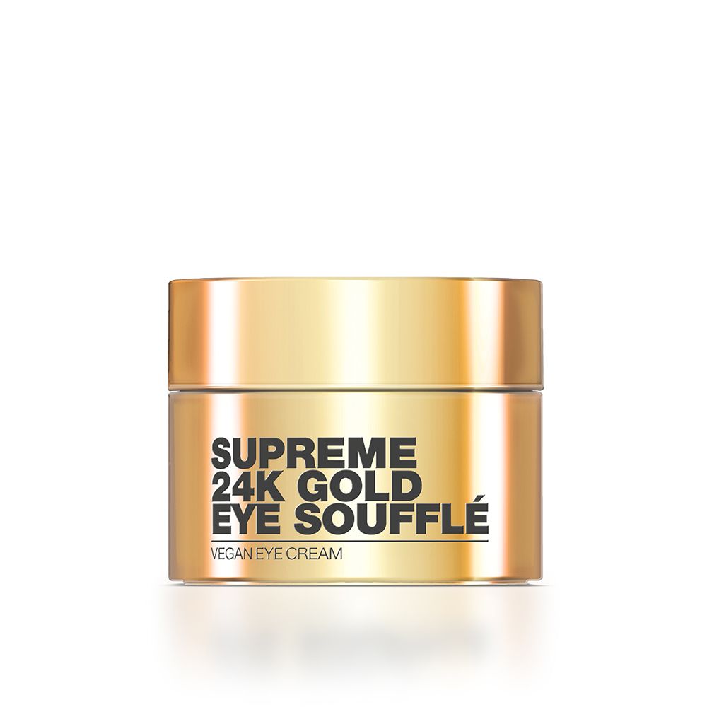 Goldfarbener Tiegel mit Deckel. Aufschrift: Supreme 24K Gold Eye Soufflé, Vegan Eye Cream.