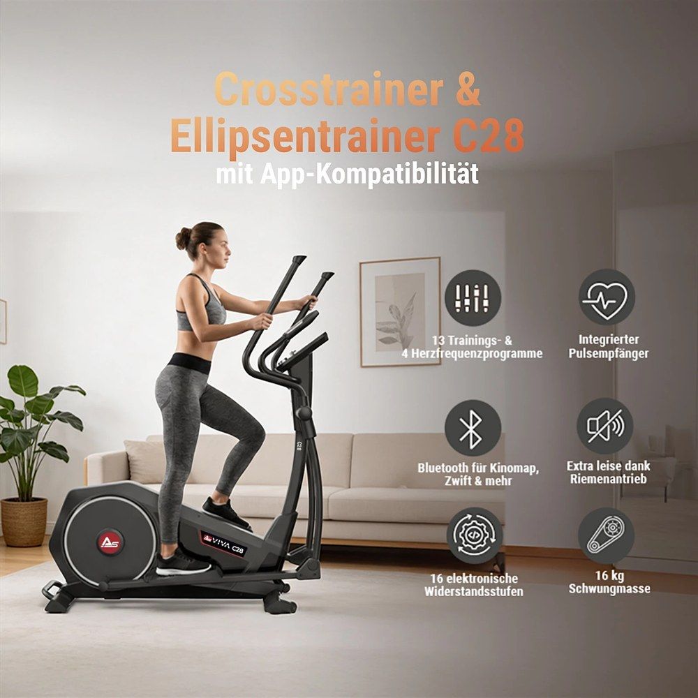 Frau trainiert auf einem schwarzen Crosstrainer C28 Runner mit App-Kompatibilität.