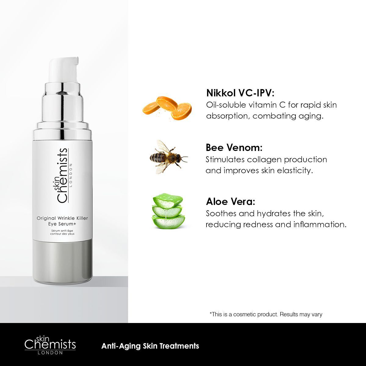 Augenserum-Flasche. Inhaltsstoffe: Nikkol VC-IPV, Bienenvenom, Aloe Vera. Text: SkinChemists London, Original Wrinkle Killer Eye Serum+.