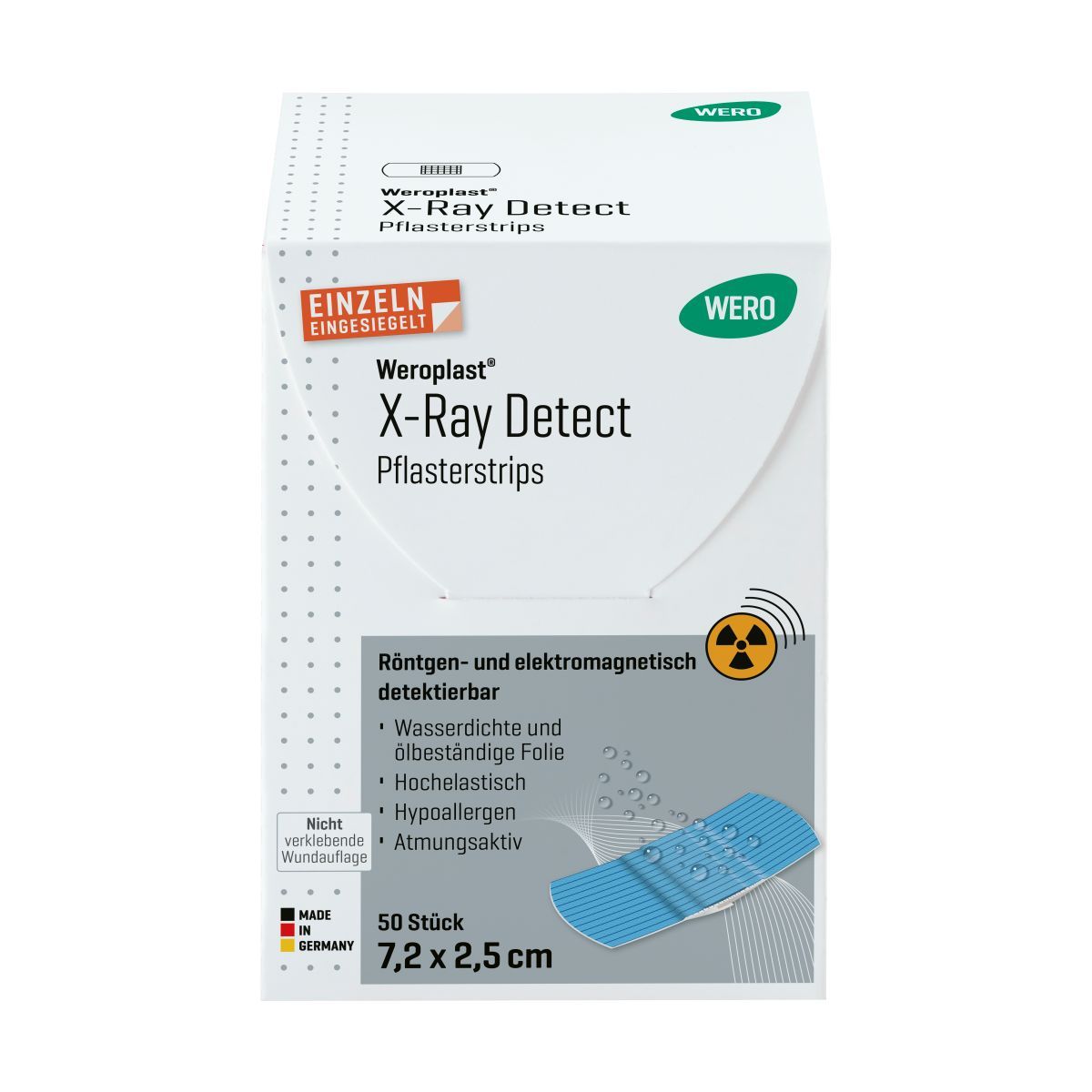 WERO X-Ray Detect Pflasterstrips, 50 Stück, 7,2x2,5 cm. Röntgen- und elektromagnetisch detektierbar, wasserdicht, hochelastisch, hypoallergen.