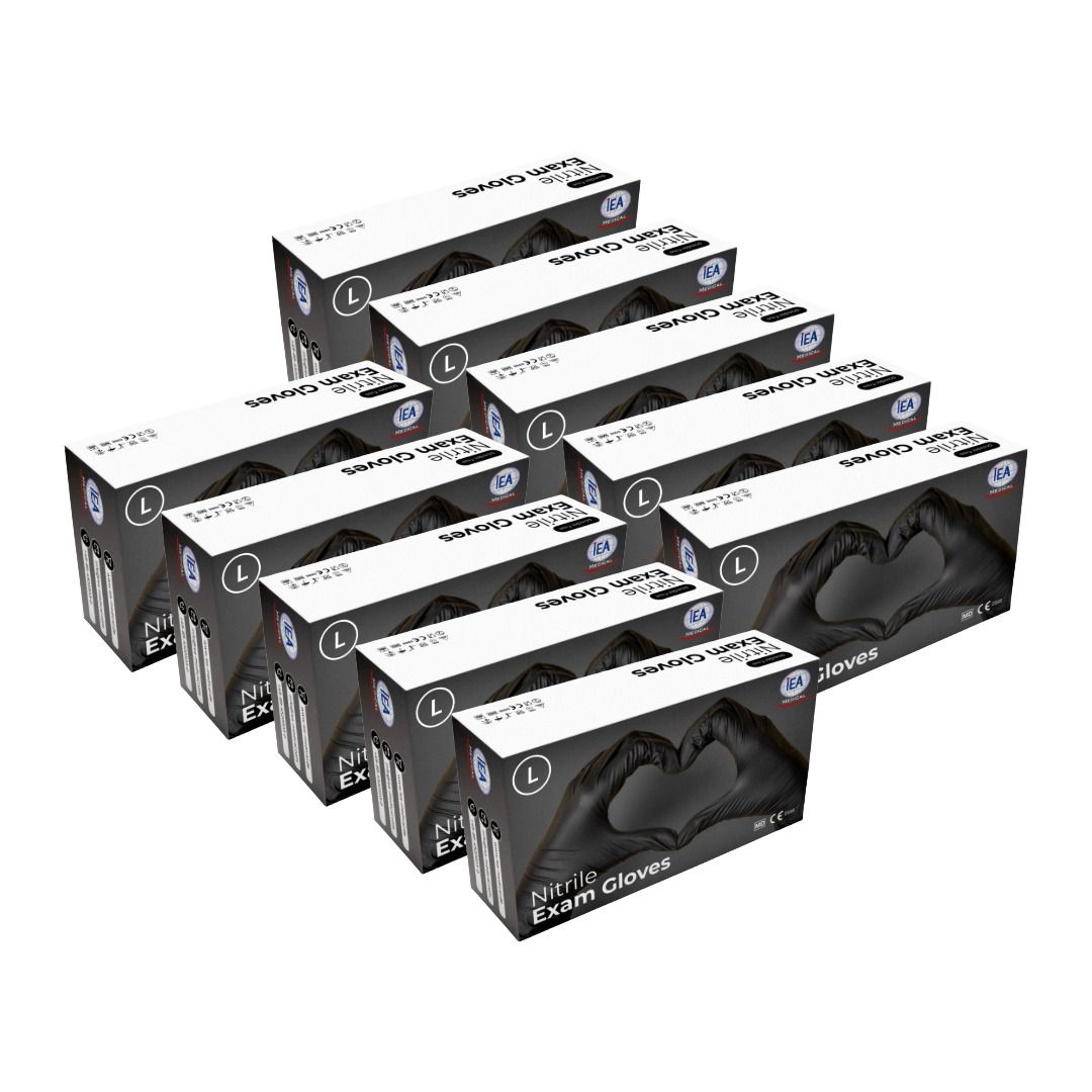 Mehrere Kartons schwarzer Nitril-Untersuchungshandschuhe, Größe L. Verpackung mit Produktnamen und Größenangabe.