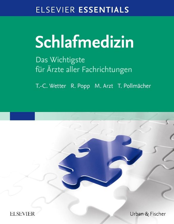 Buchcover Schlafmedizin. Titel in Weiß auf grünem Hintergrund. Autoren: Wetter, Popp, Arzt, Pollmächer. Elsevier Essentials.