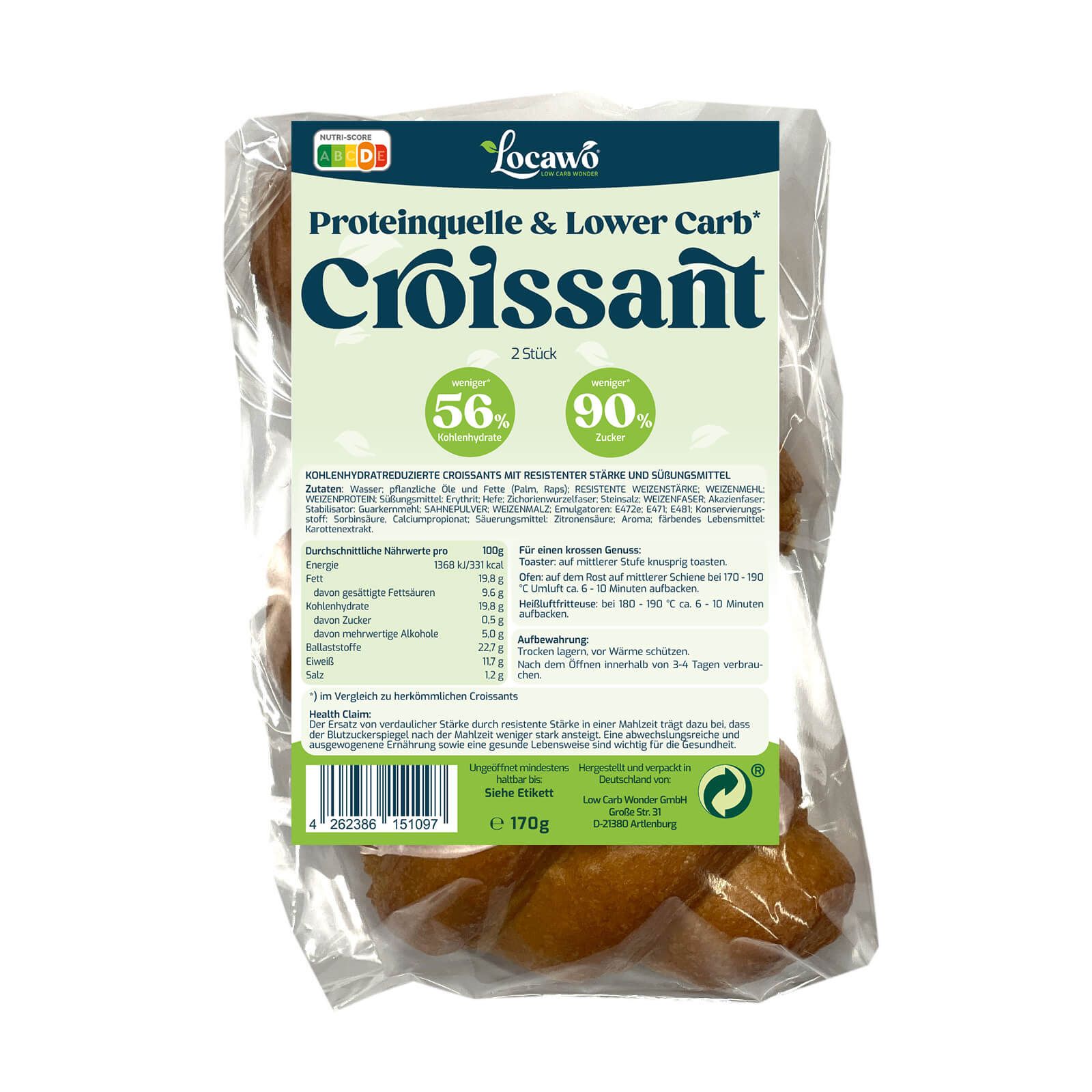 Verpackung mit zwei Croissants. Aufschrift: Proteinquelle & Lower Carb Croissant. Nährwertangaben und Zutatenliste.