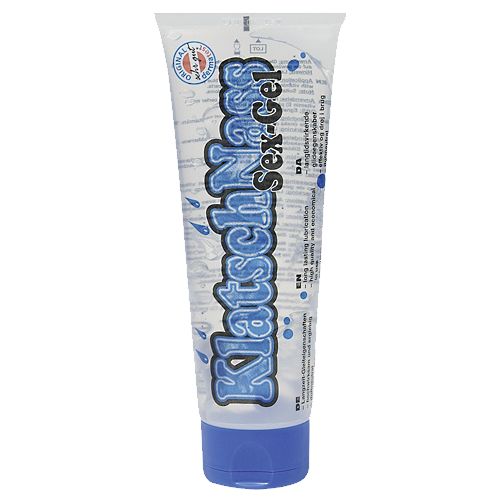 Transparentes Gel in einer Tube mit blauem Verschluss. Aufschrift "KlatschNass sex-Gel".