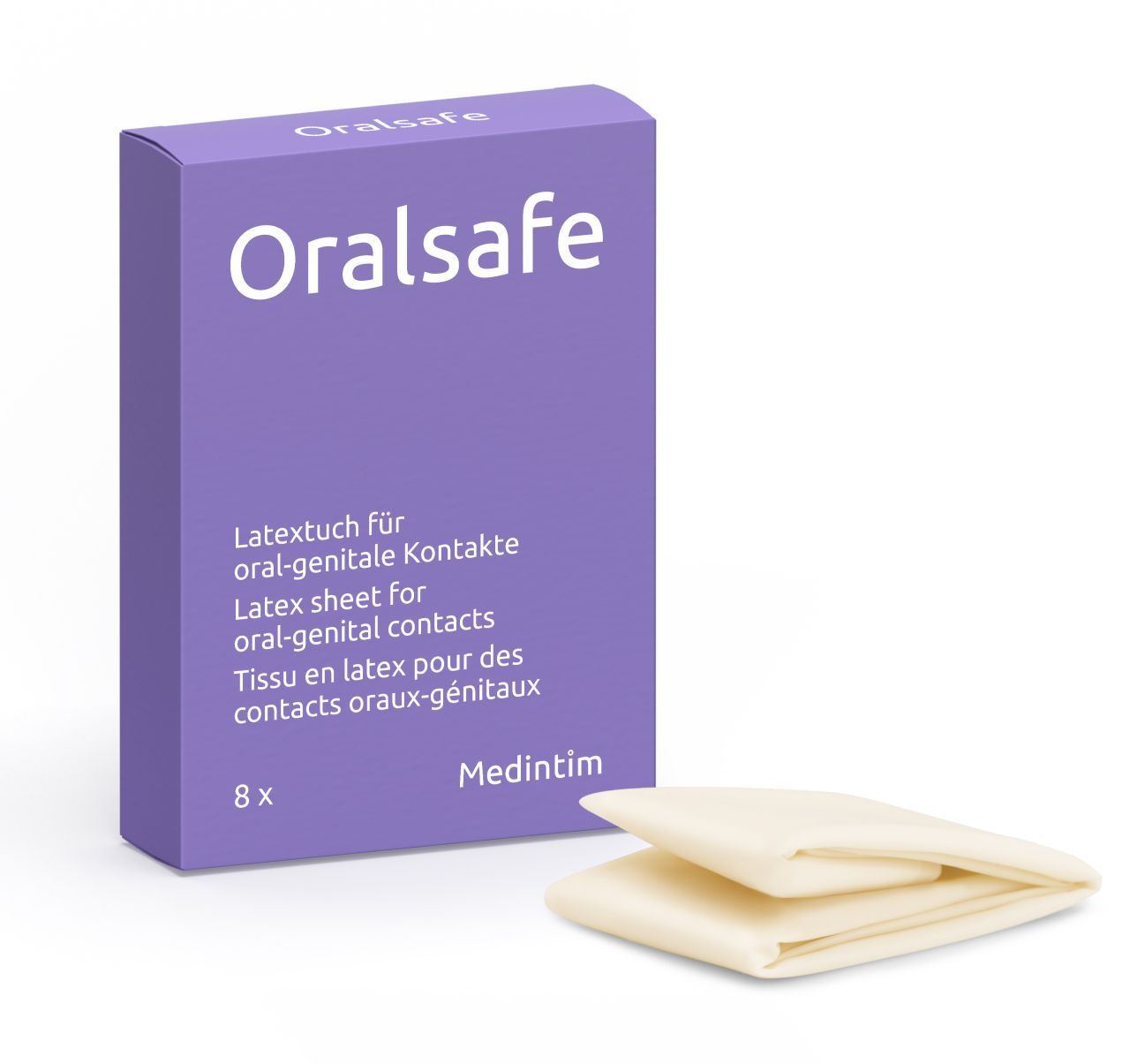 Produktverpackung "Oralsafe". Text: Latex-Tuch für oral-genitale Kontakte. 8 Stück. Marke: Medintim. Latex-Tuch daneben.