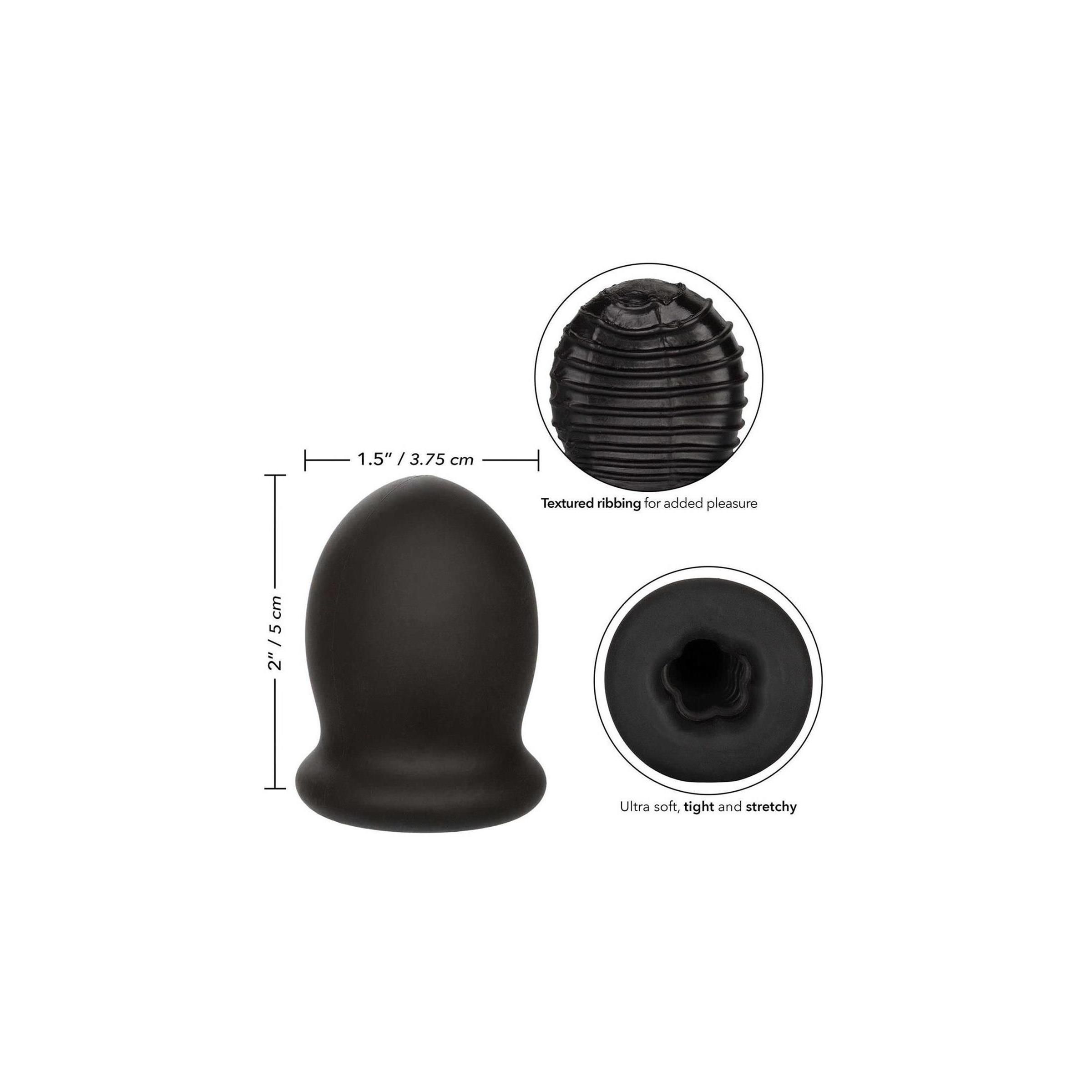 Schwarzes Produkt mit geriffelter Innenseite. Maße: 2"/5 cm hoch, 1.5"/3.75 cm breit.