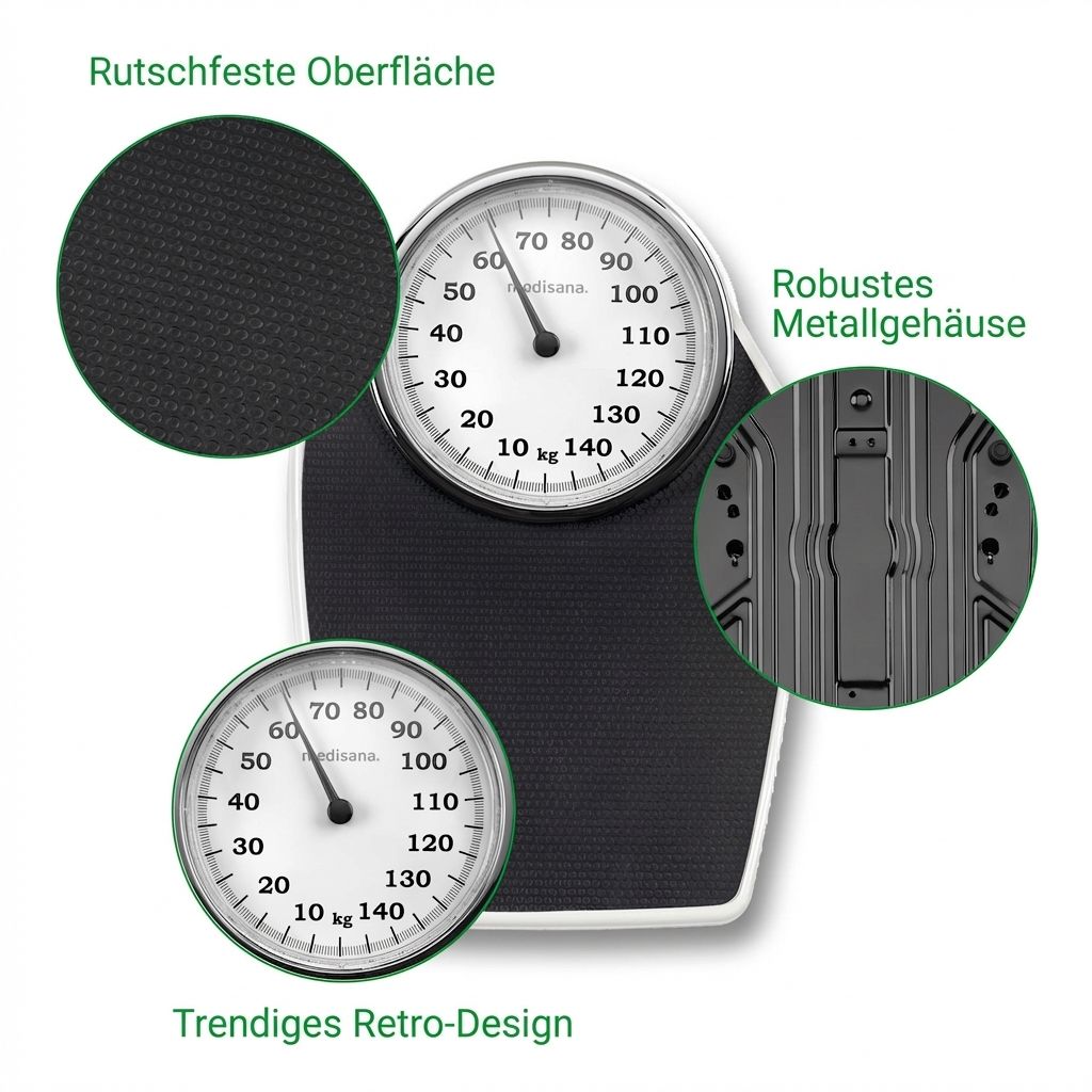 Mechanische Personenwaage mit rutschfester Oberfläche und robustem Metallgehäuse.