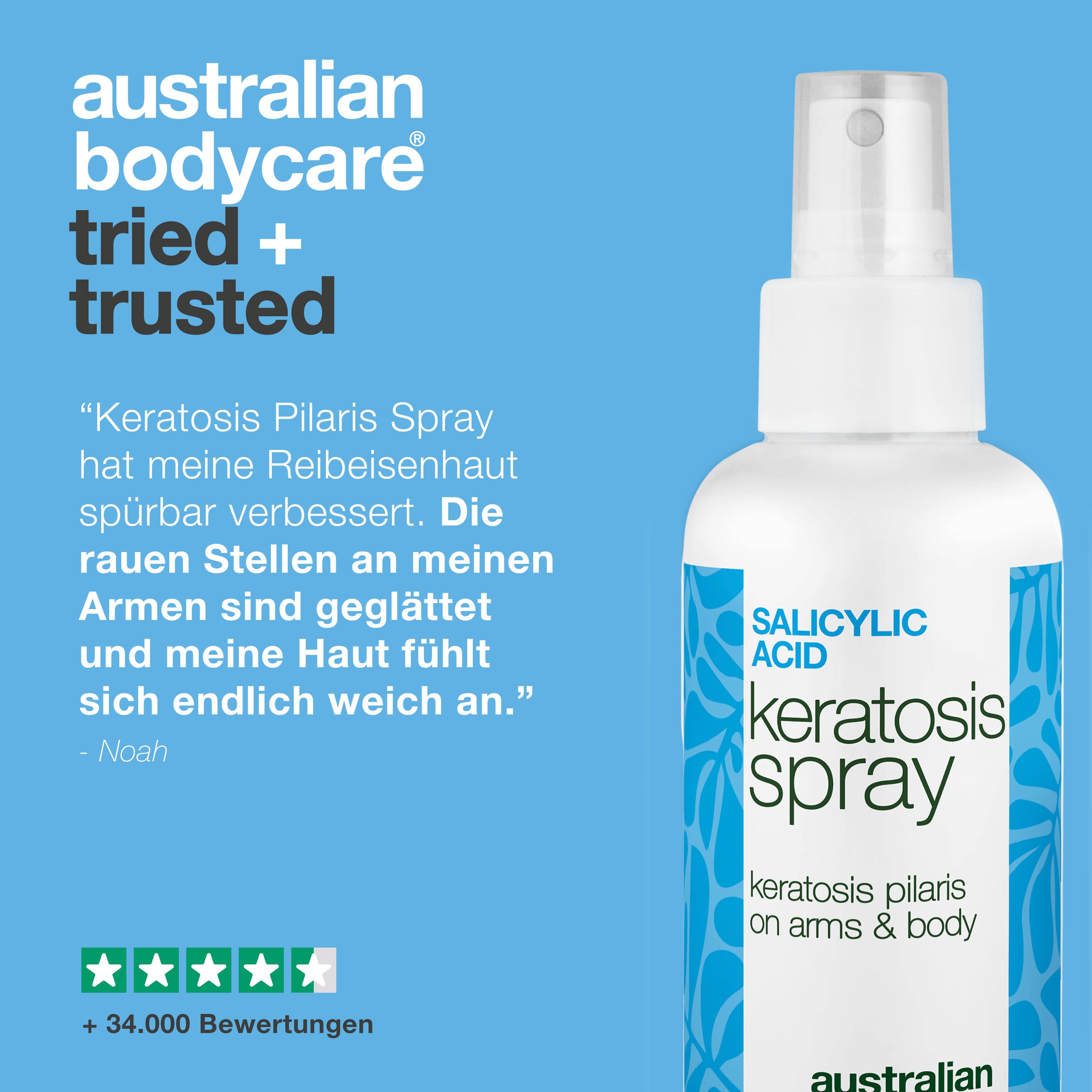 Spray: Keratosis Spray, Australian Bodycare. Text: Tried + Trusted. Zitat und 5-Sterne-Bewertung.