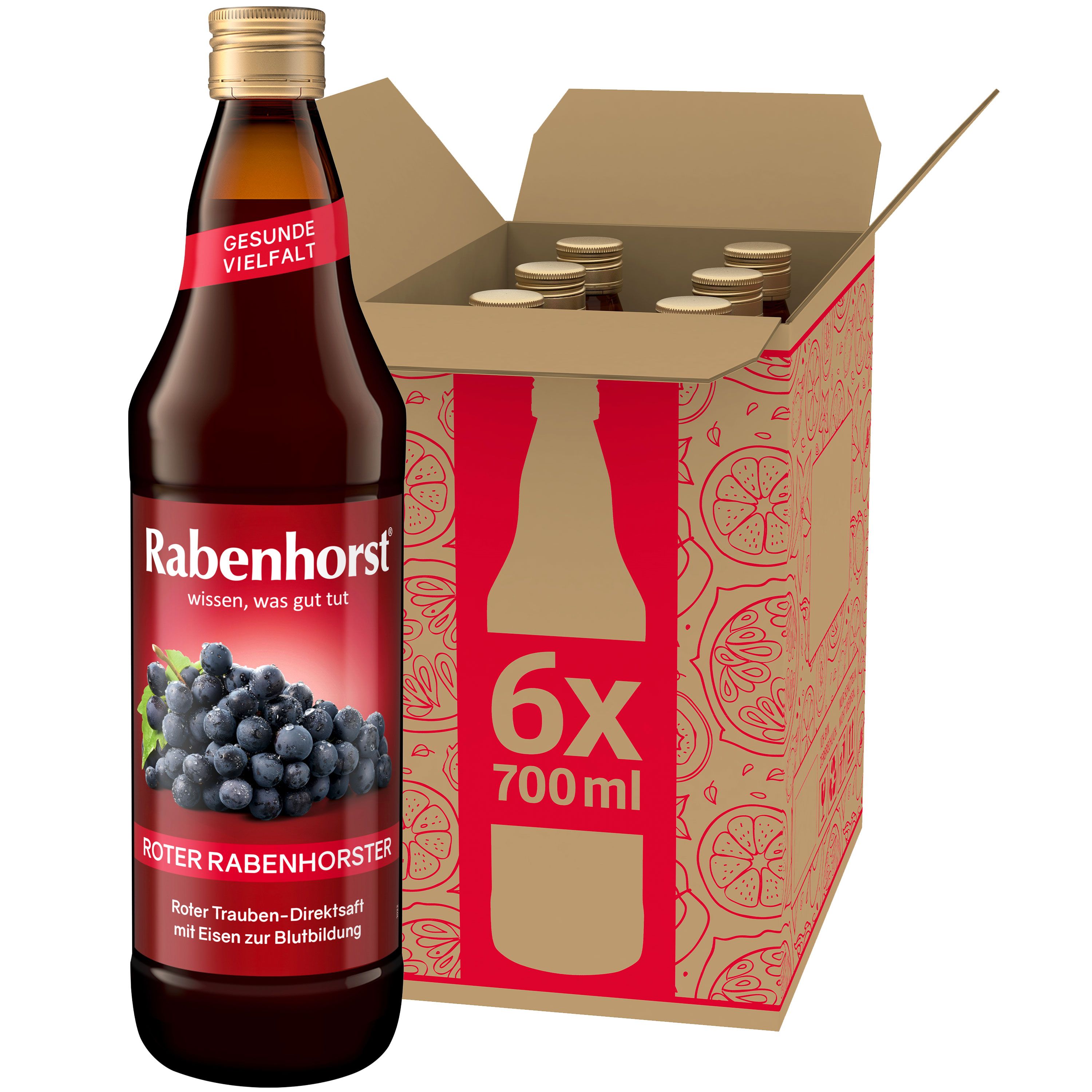 Flasche Roter Rabenhorster, Traubensaft mit Eisen. 6er-Karton mit Flaschen. Aufschrift: Gesunde Vielfalt.