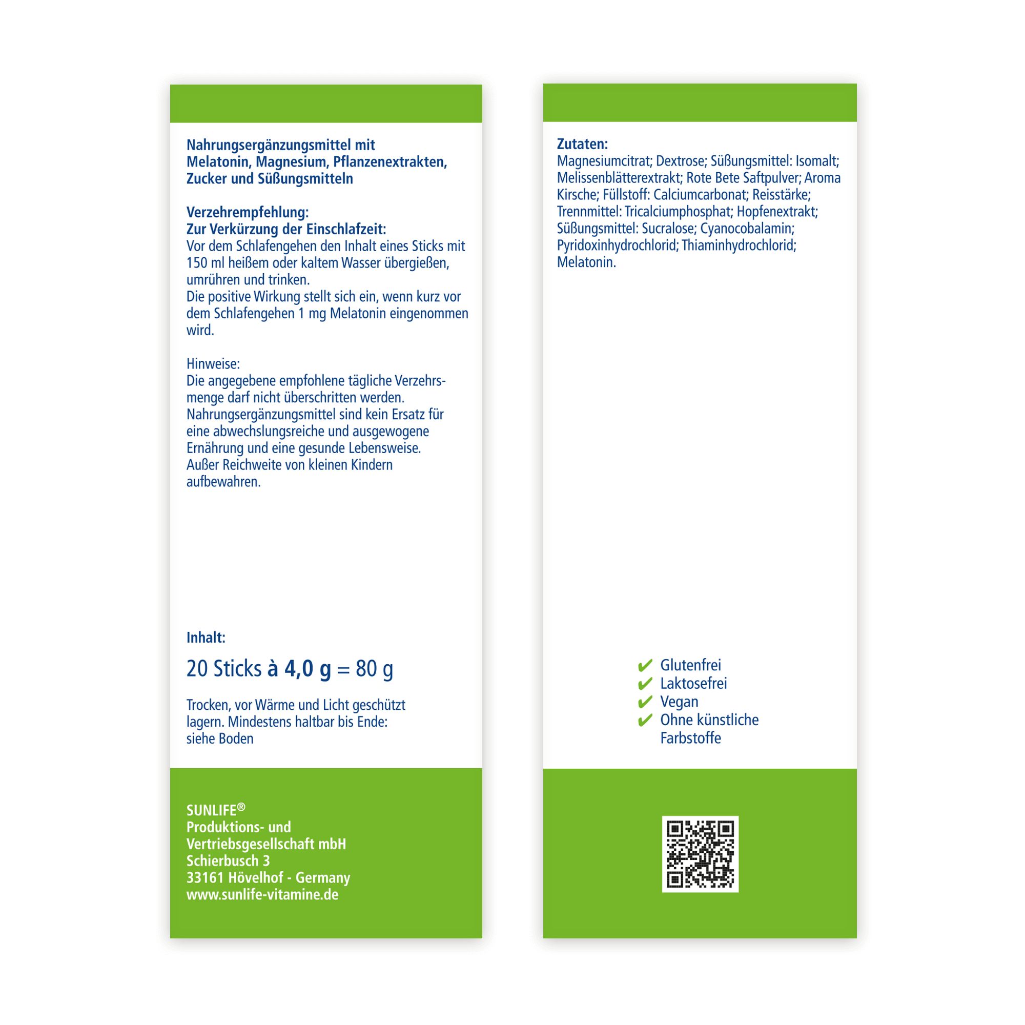 Rückseite der SUNLIFE® Melatonin Heißgetränk Verpackung. Zutatenliste, Nährwertangaben und Informationen. Glutenfrei, laktosefrei, vegan.