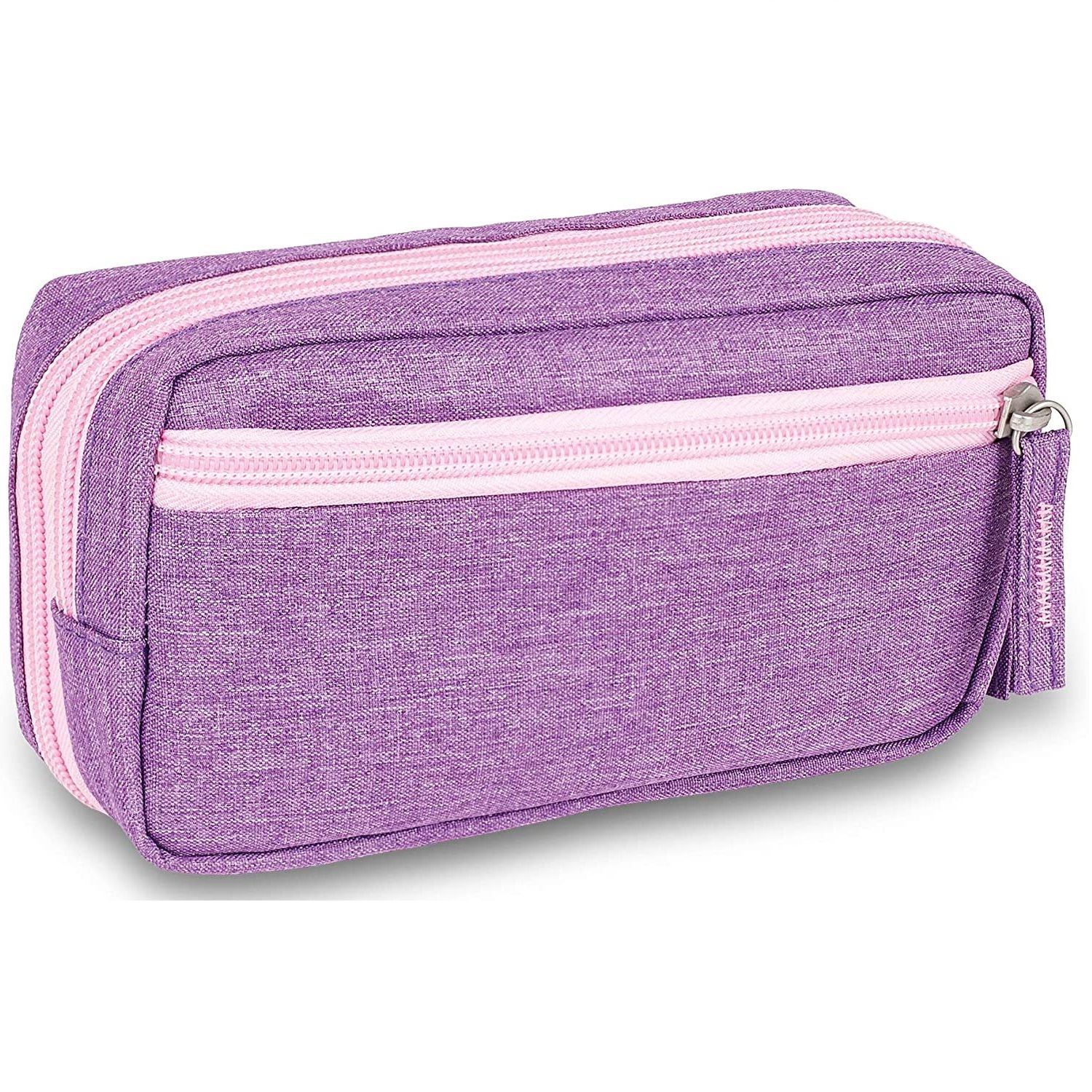 Violette, thermoisolierte Diabetikertasche. Rosa Reißverschlüsse. Rechteckige Form mit Logo.
