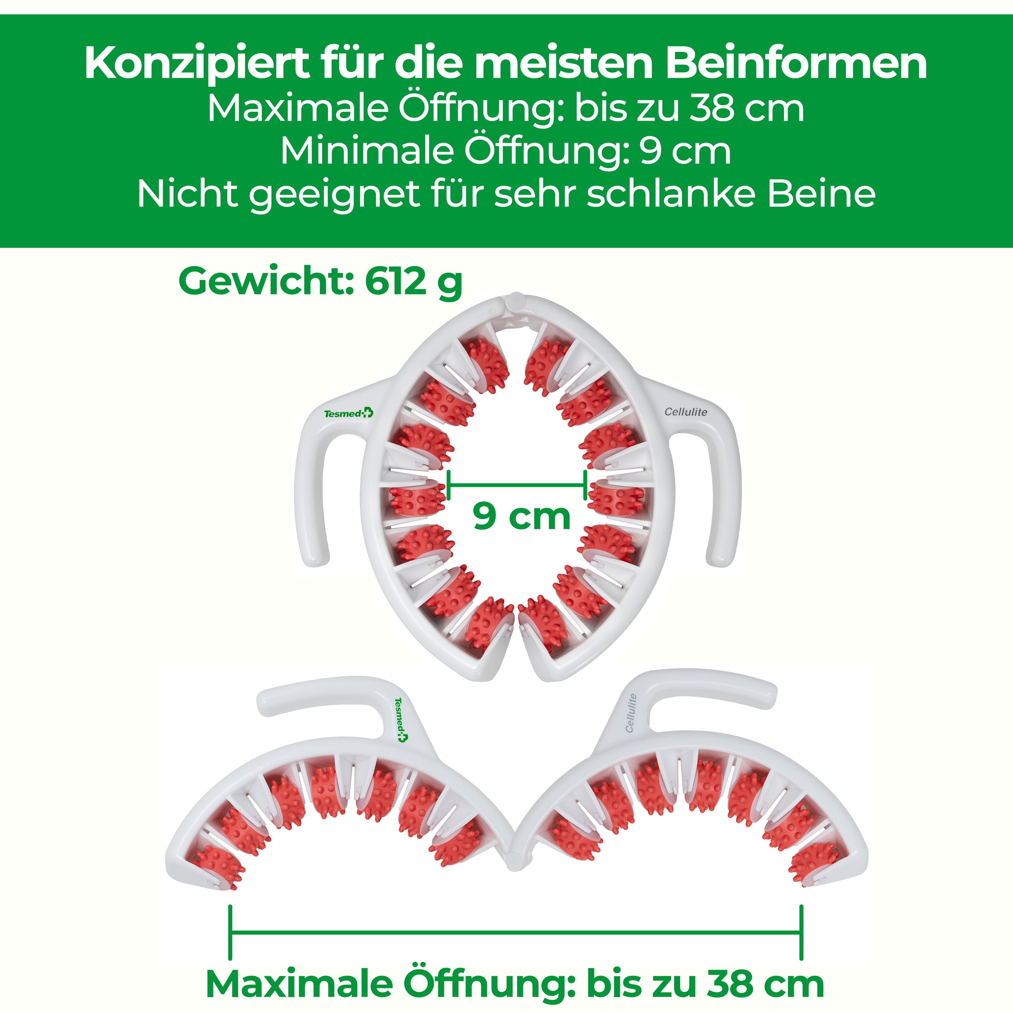 Text: Konzipiert für die meisten Beinformen. Maximale Öffnung: bis zu 38 cm. Gewicht: 612 g.