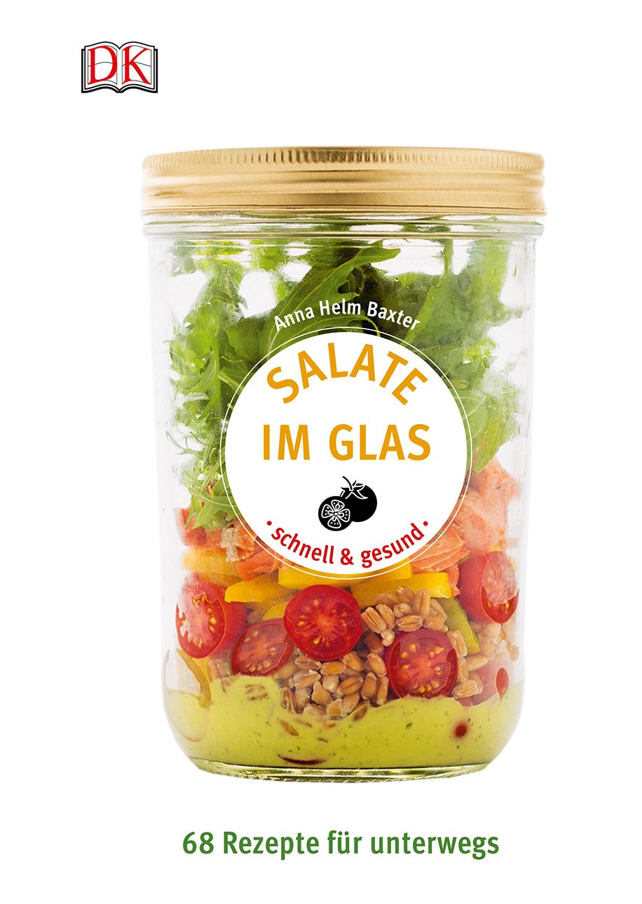 Glas mit Salat. Aufschrift: Salate im Glas, schnell & gesund. 68 Rezepte für unterwegs. DK-Logo.