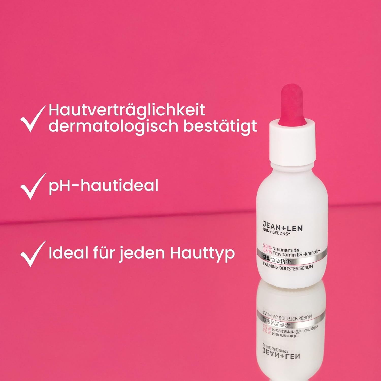 Weißes Serumfläschchen mit roter Pipette. Text: dermatologisch bestätigt, pH-hautideal, ideal für jeden Hauttyp.