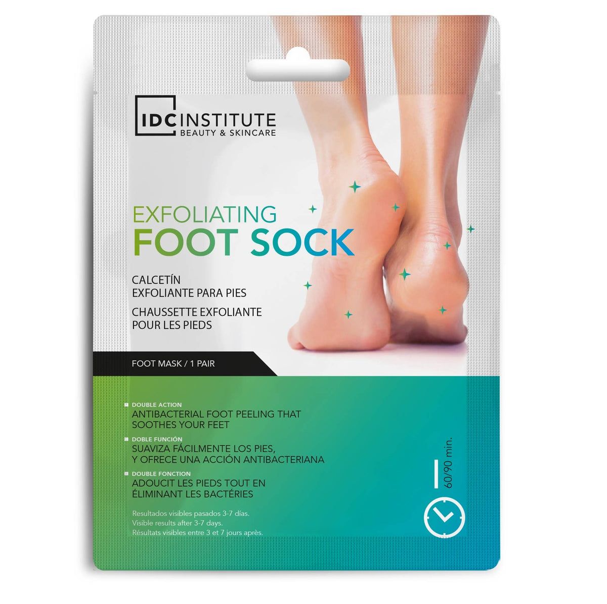 Fußmaske in Verpackung. Aufschrift: Exfoliating Foot Sock. Marke: IDC Institute. Enthält 1 Paar. Abbildung von Füßen.
