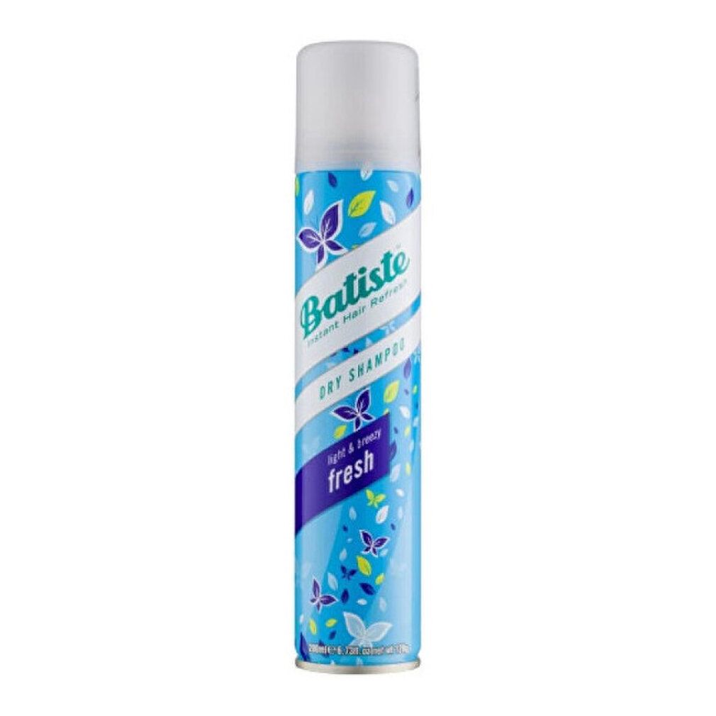 Trockenshampoo-Spraydose. Hellblau, mit Schmetterlingsmuster und Produktnamen. Oben weißer Deckel. Aufschrift: Fresh.