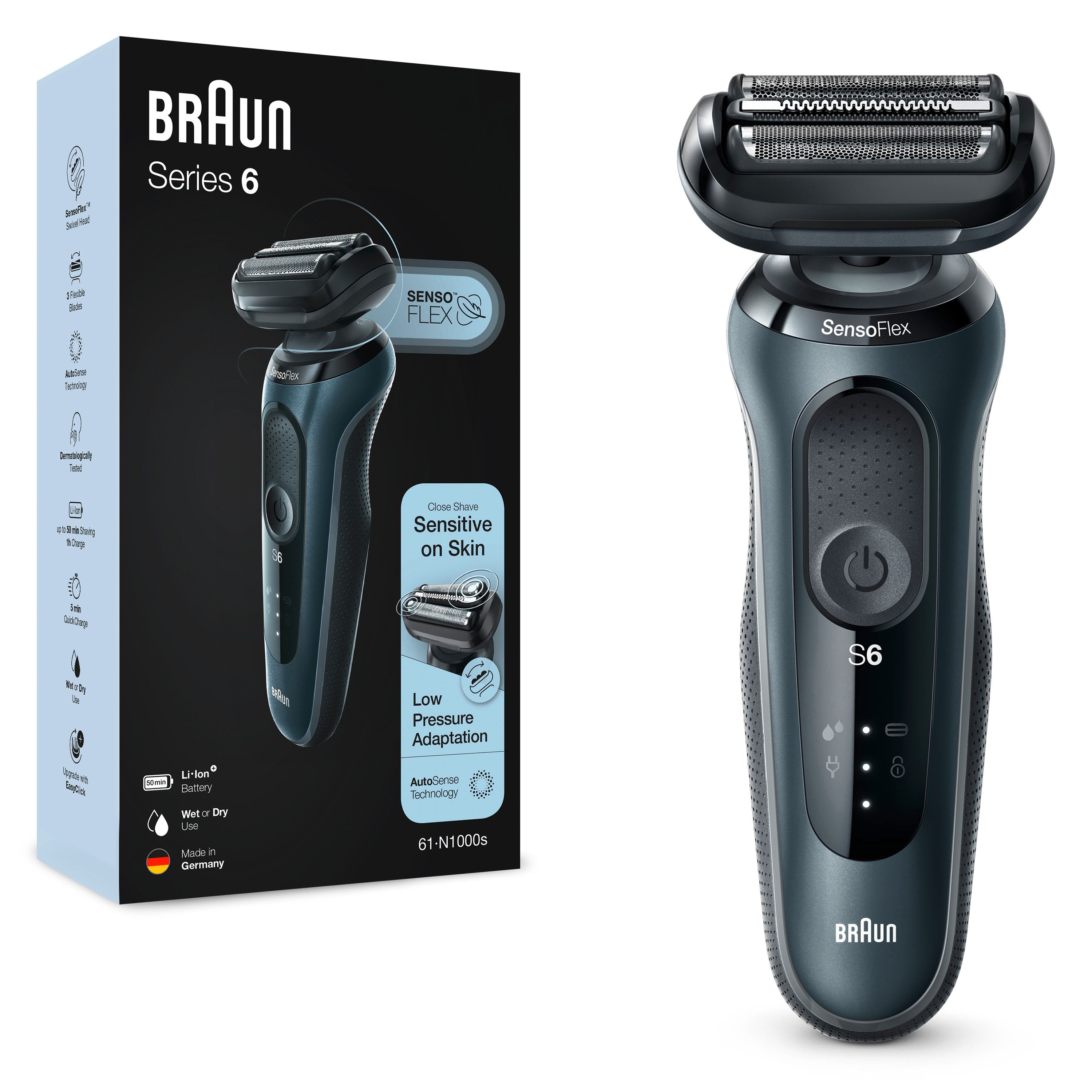Elektrorasierer Braun Series 6 und Verpackung. Verpackung mit Produktabbildung und Produktinformationen.