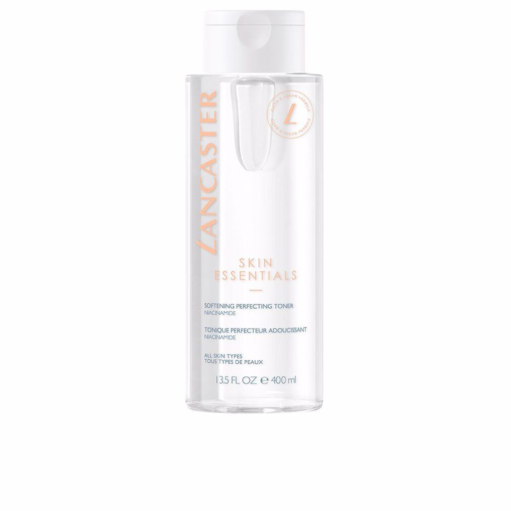 Transparente Flasche mit weißem Deckel. Aufschrift: Lancaster, Skin Essentials, Softening Perfecting Toner. Logo 'L'.