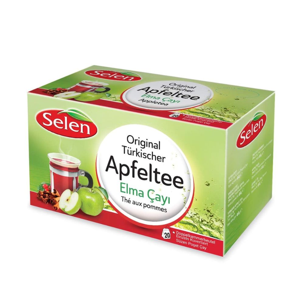 Verpackung von Selen Original Türkischer Apfeltee. Grün-weißes Design mit Produktabbildung und Schriftzug "Apfeltee".
