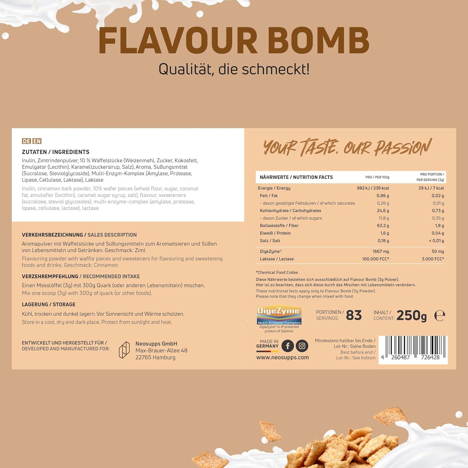 Produktverpackung mit Text und Nährwertangaben. Text: FLAVOUR BOMB, Zutaten, Nährwerte, Verzehrempfehlung, Lagerung. Logo: NeoSupps.