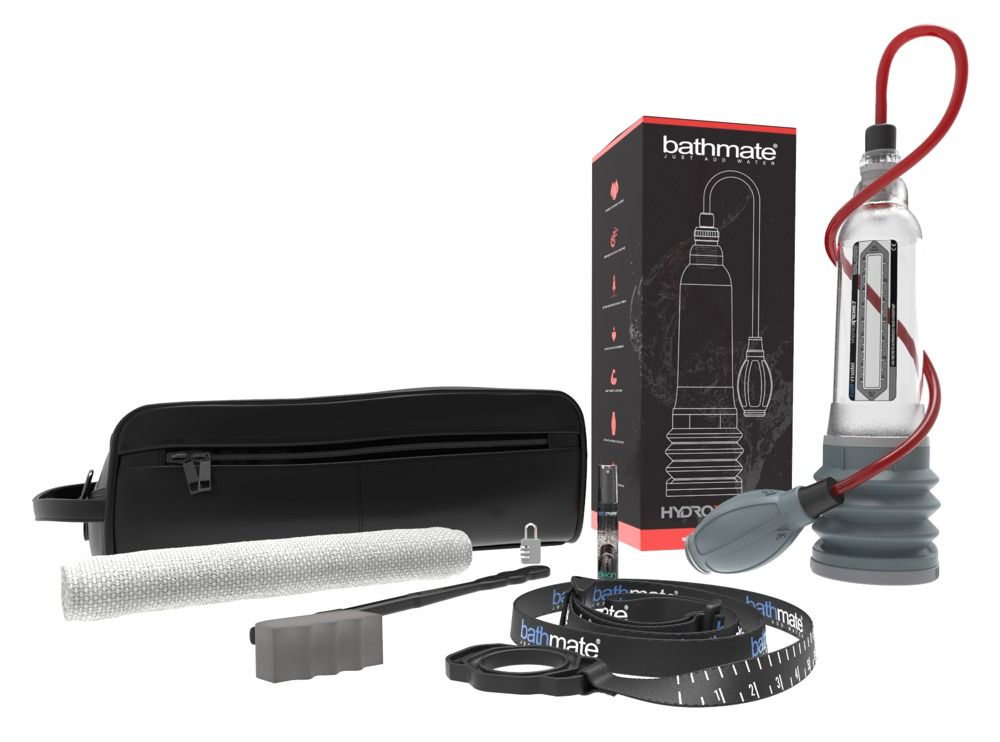 Produkt mit Zubehör. Hydrauliksystem, schwarze Tasche, Reinigungsbürste, Maßband und Verpackung.