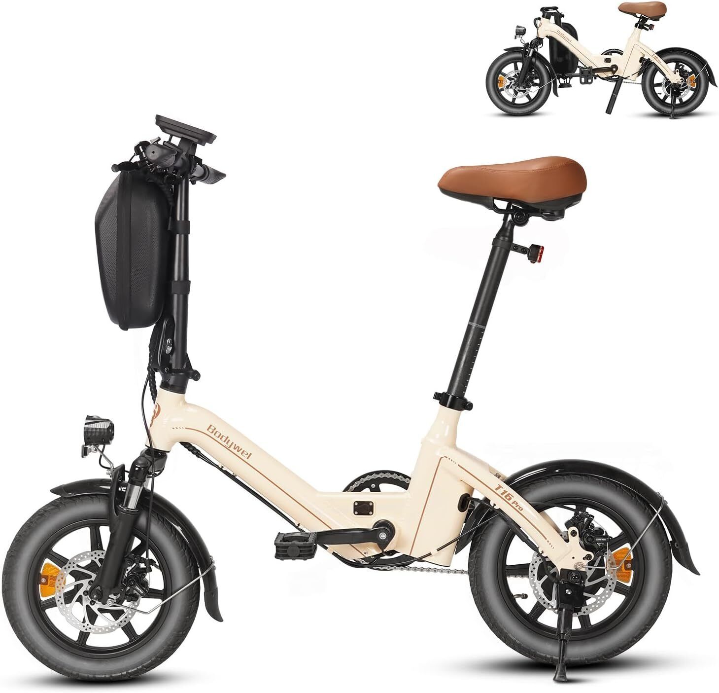 Faltbares E-Bike, cremefarben, schwarze Elemente. Brauner Sattel. Aufrechtes Modell mit Gepäcktasche. Bodywel T16 Pro.