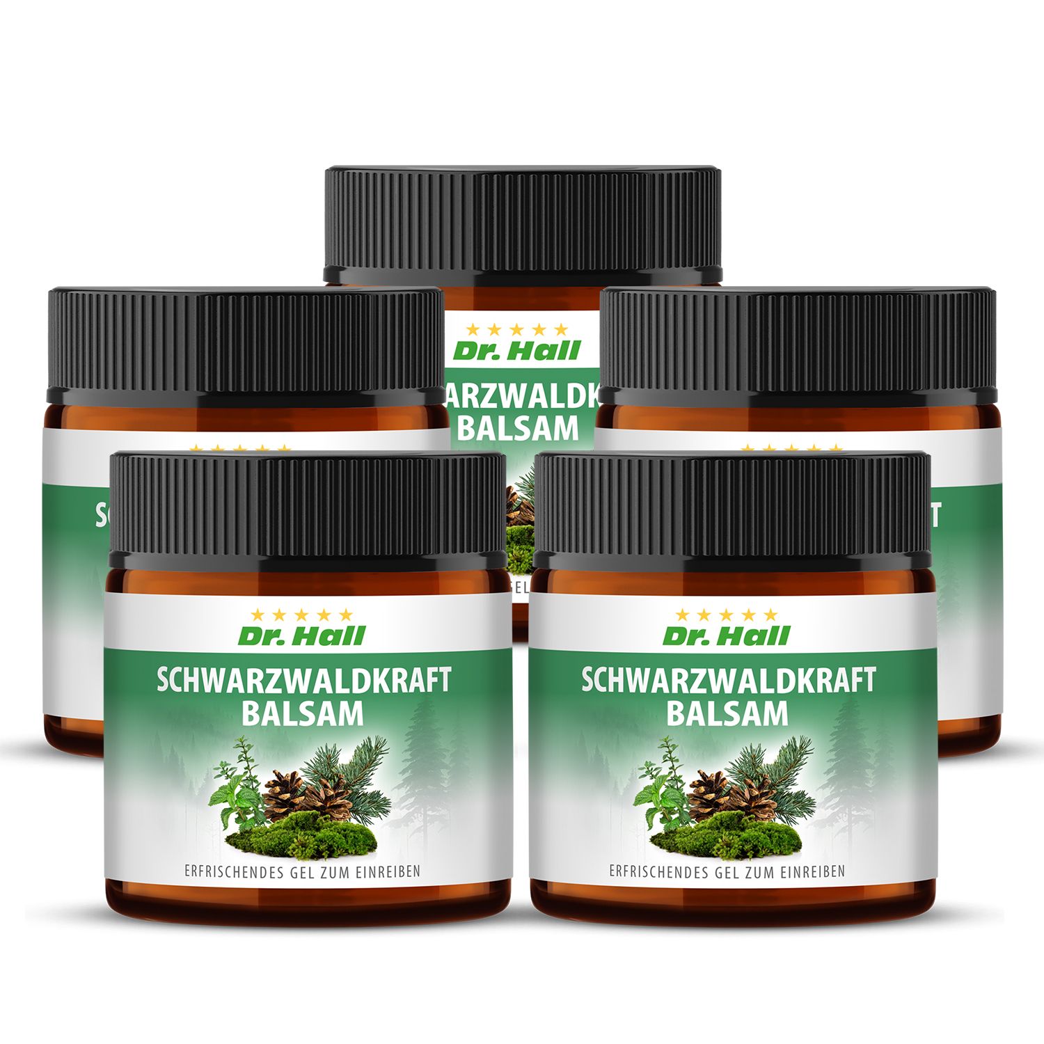 Fünf Gläser Dr. Hall Schwarzwaldkraft Balsam. Braune Gläser mit schwarzen Deckeln und grünen Etiketten. Aufschrift: Schwarzwaldkraft Balsam.