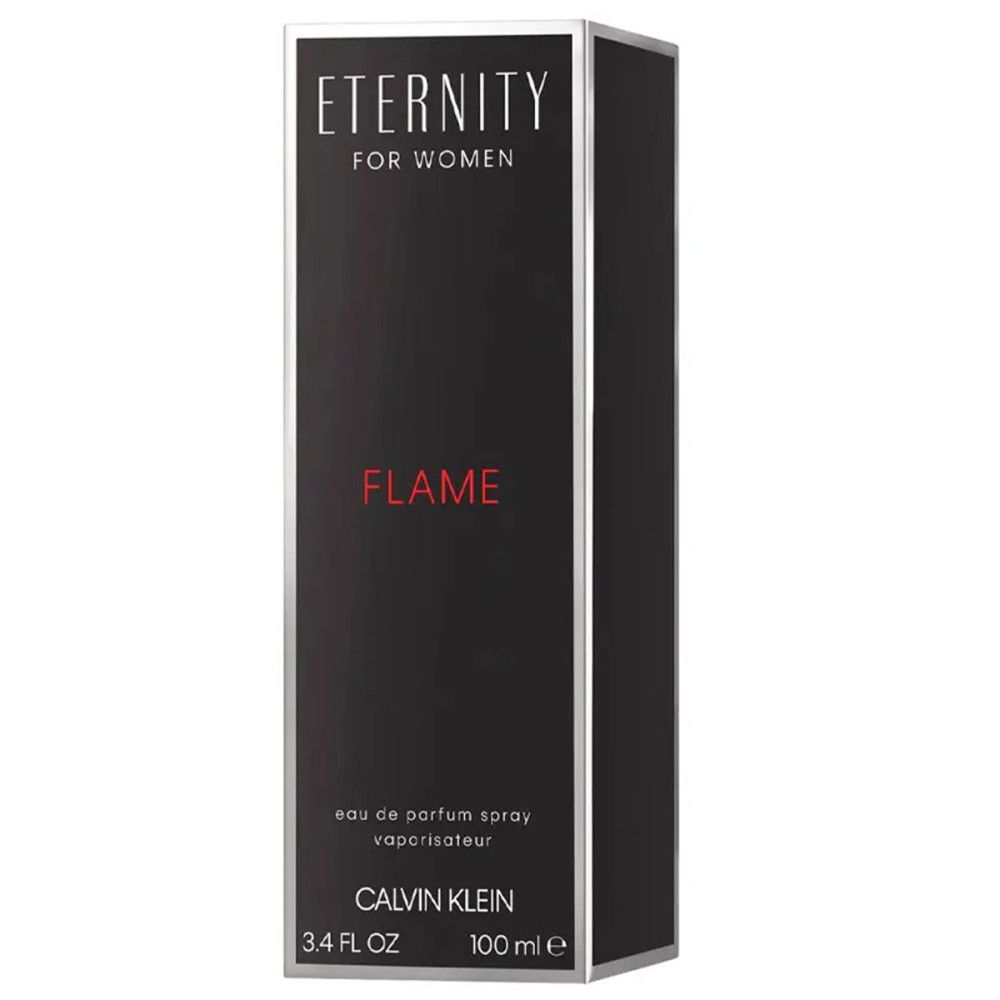 Schwarzer Karton mit silbernen Akzenten. Aufschrift: Eternity Flame, Calvin Klein. 3.4 FL OZ, 100 ml.