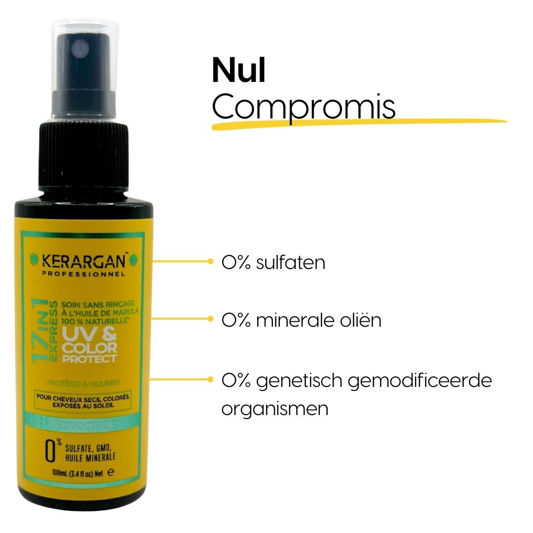 Kerargan UV & Color Protect tonic. Gele fles met spraykop. Tekst: 0% sulfaten, minerale oliën, genetisch gemodificeerde organismen.