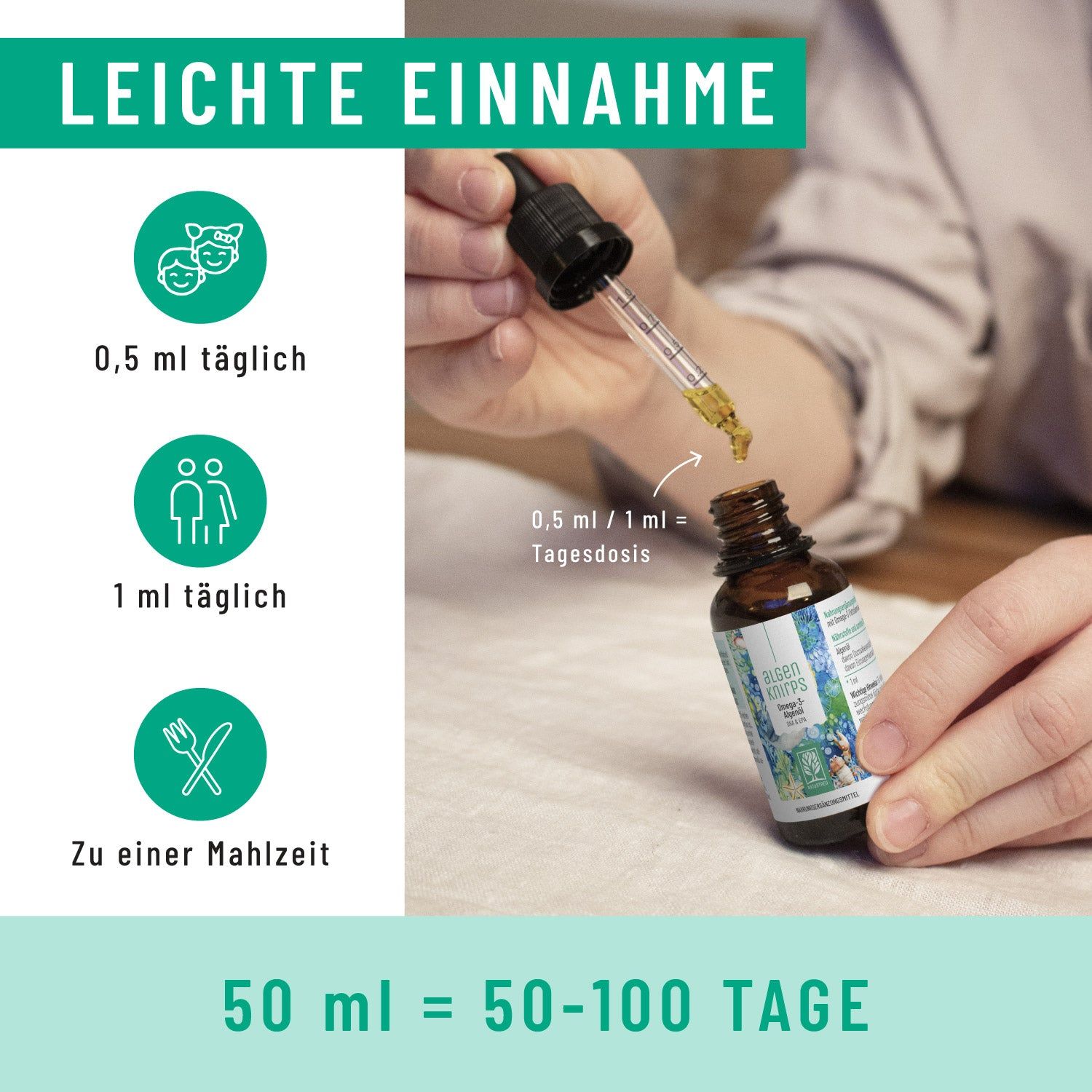 Flasche Algenknirps Omega-3 Algenöl mit Pipette, mit Orangen- und Meeresmotiv.