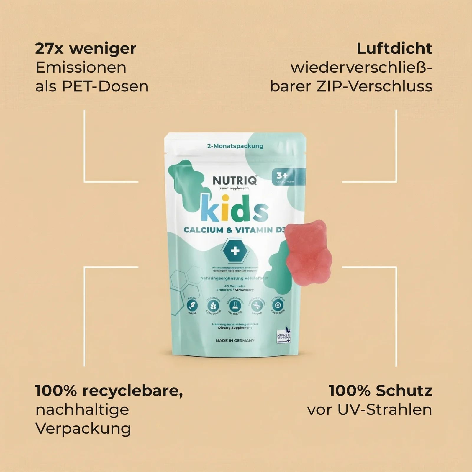 Verpackung von NUTRIQ kids Calcium & Vitamin D3. 2-Monatspackung. Wiederverschließbarer ZIP-Verschluss. 100% recycelbar. 100% UV-Schutz.