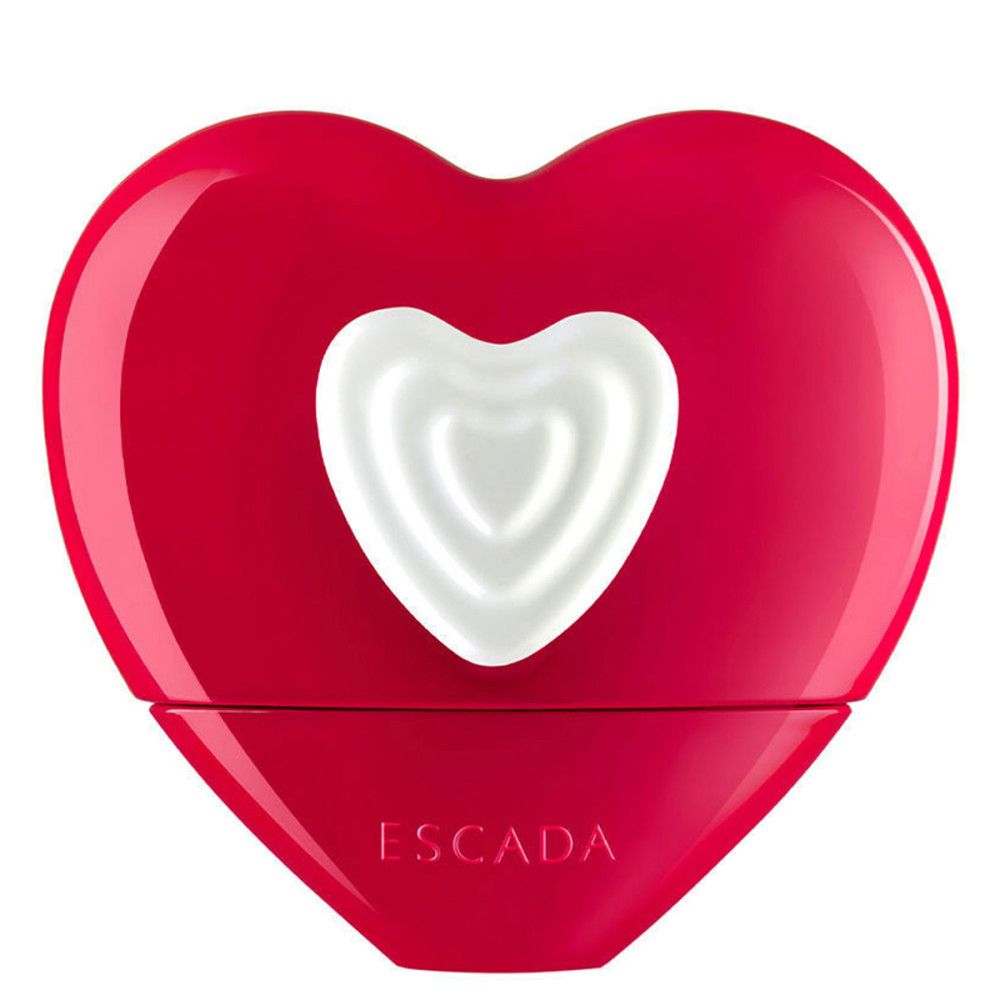 Roter Flakon in Herzform mit weißem Herz und dem Schriftzug "ESCADA".