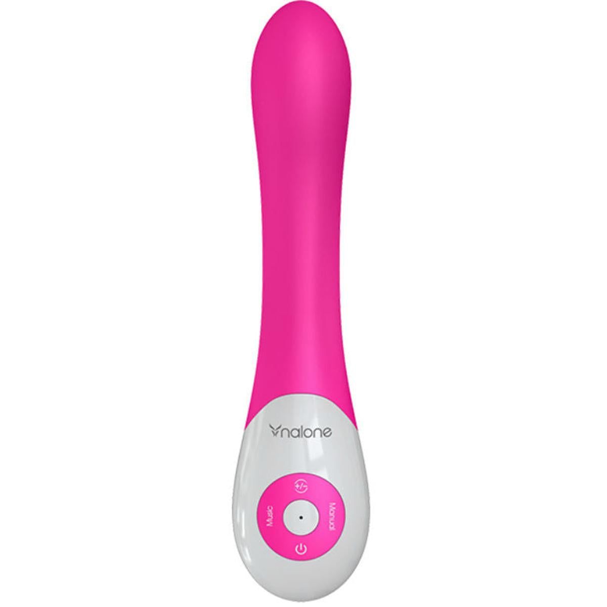 Pinkfarbener Vibrator mit weißem Bedienfeld. Mit Knöpfen für Musik und Modus. Marke: Nalone.