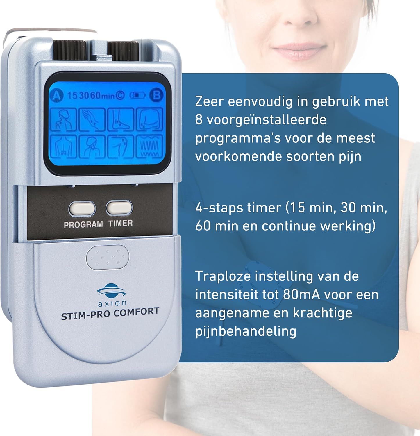TENS-apparaat, blauw-grijs, met display. Tekst: STIM-PRO COMFORT. Knoppen: PROGRAM, TIMER. Tekstveld met productinformatie.