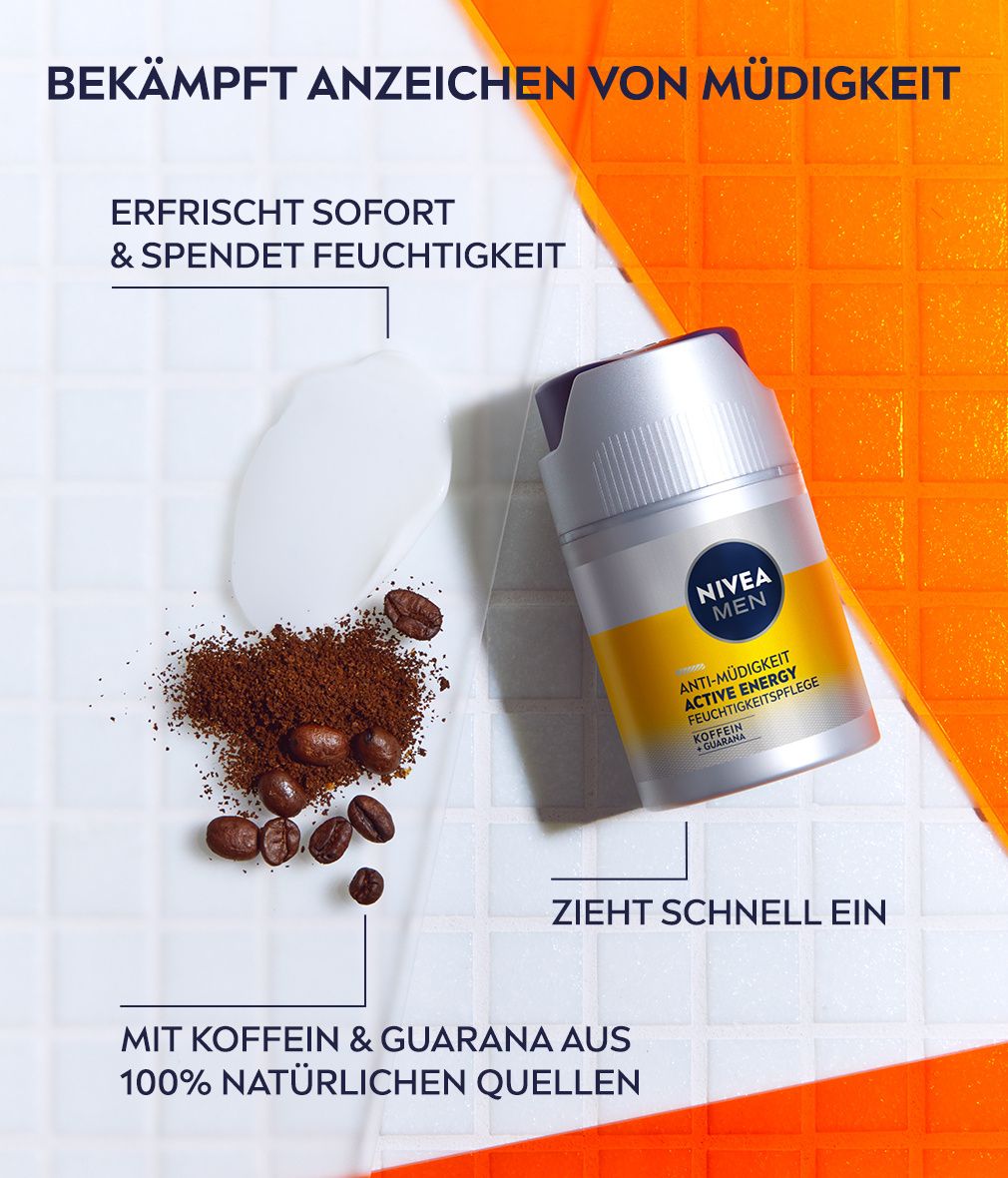 NIVEA MEN Active Energy Feuchtigkeitspflege, Kaffeebohnen und Kaffeepulver. Produkt und Zutaten auf weißem Untergrund.