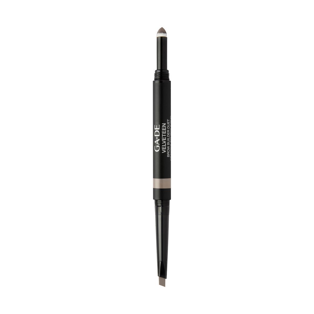 Doppelstift. Schwarz, mit hellbraunen Enden. Aufschrift: GA-DE VELVETEEN BROW BUILDER DUET.