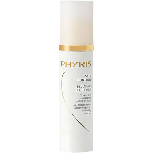 Zylindrische Flasche mit weißem Deckel und goldfarbenem Ring. Aufschrift PHYRIS, SKIN CONTROL, BB ULTIMATE BEAUTY BALM.