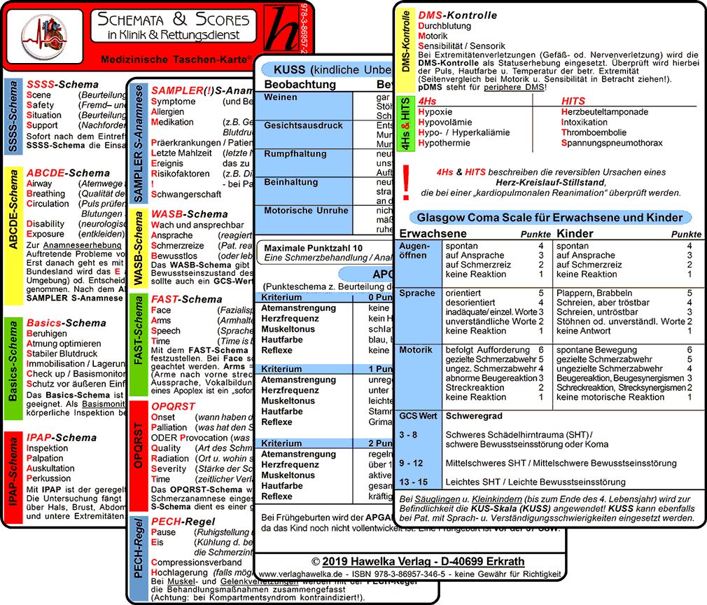Mehrere Karten mit medizinischen Schemata und Scores. Titel: Schemata & Scores in Klinik & Rettungsdienst. Verschiedene Schemata.