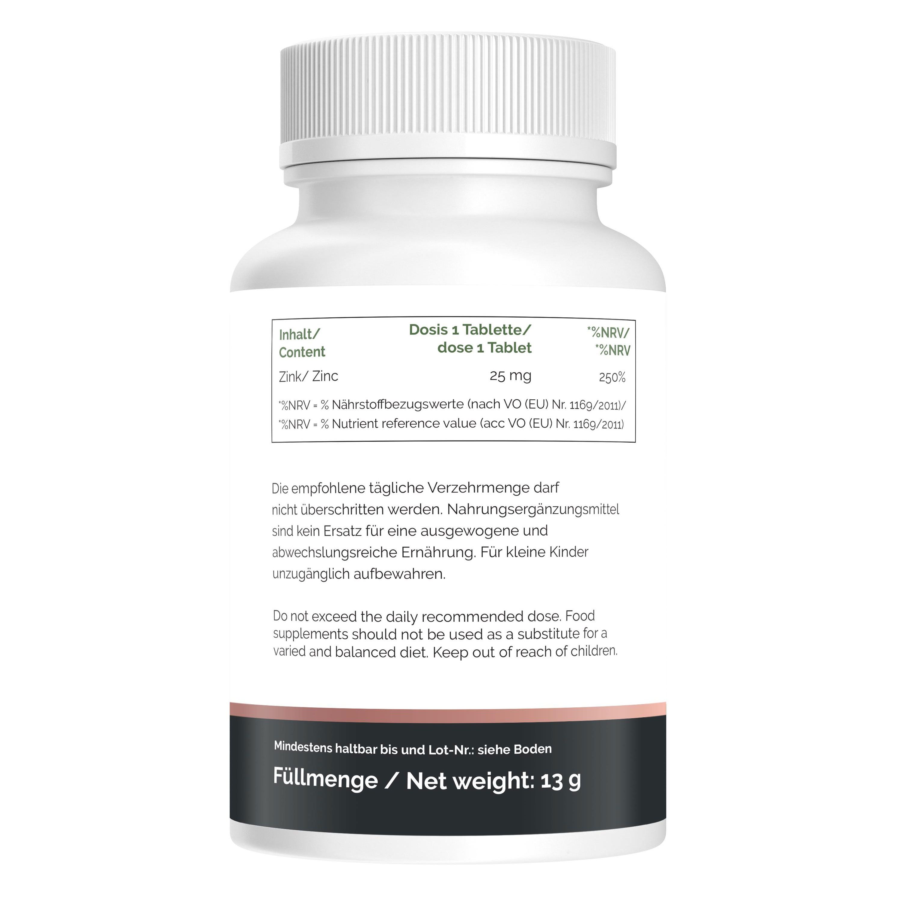 Rückseite der Flasche mit Natural PRO Zink. Nährwertangaben, Dosierung, Nettogewicht 13g.