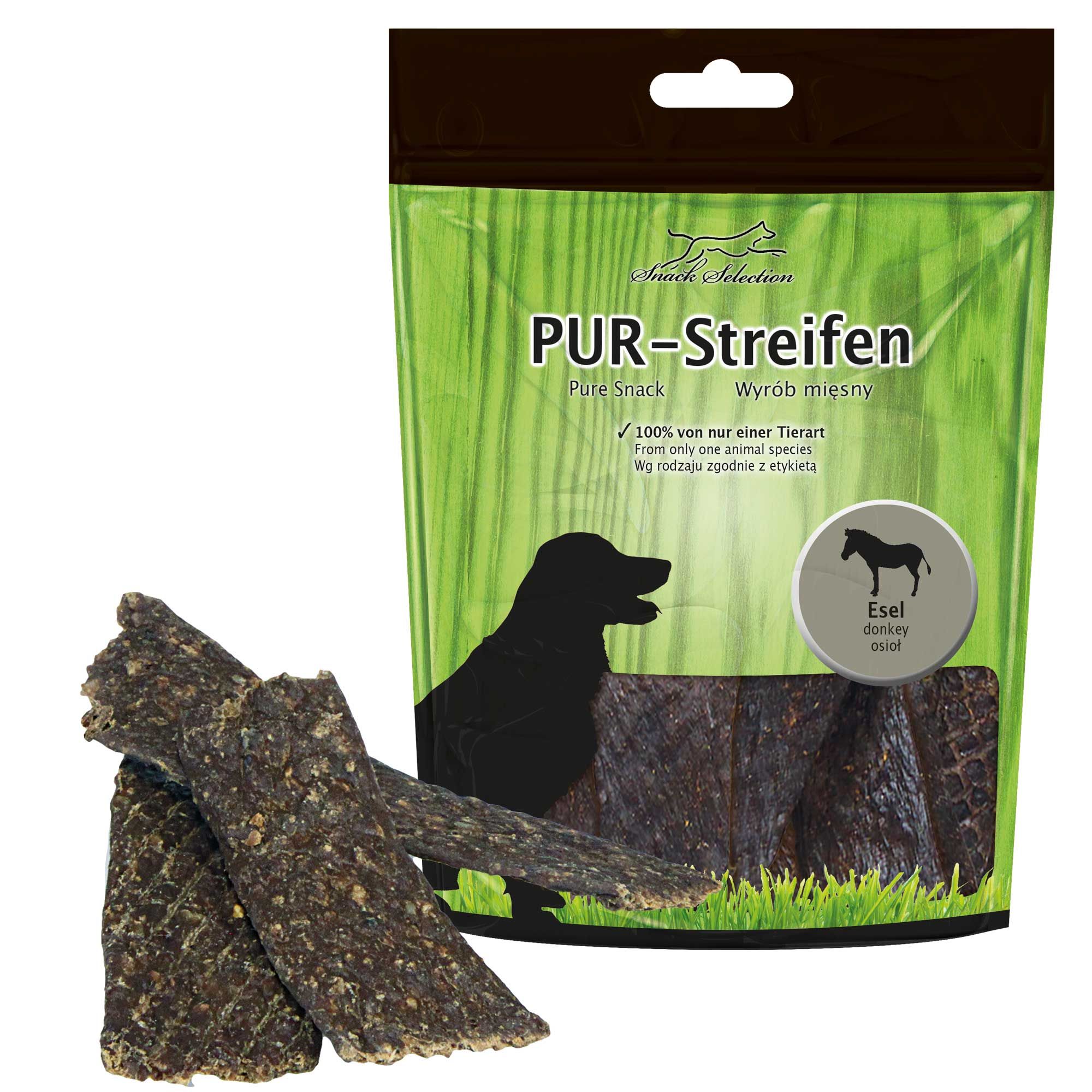 Packung PUR-Streifen mit drei Kaustreifen davor. Grün-transparenter Beutel mit Produktbezeichnung, Hundesilhouette und Esel-Kennzeichnung.