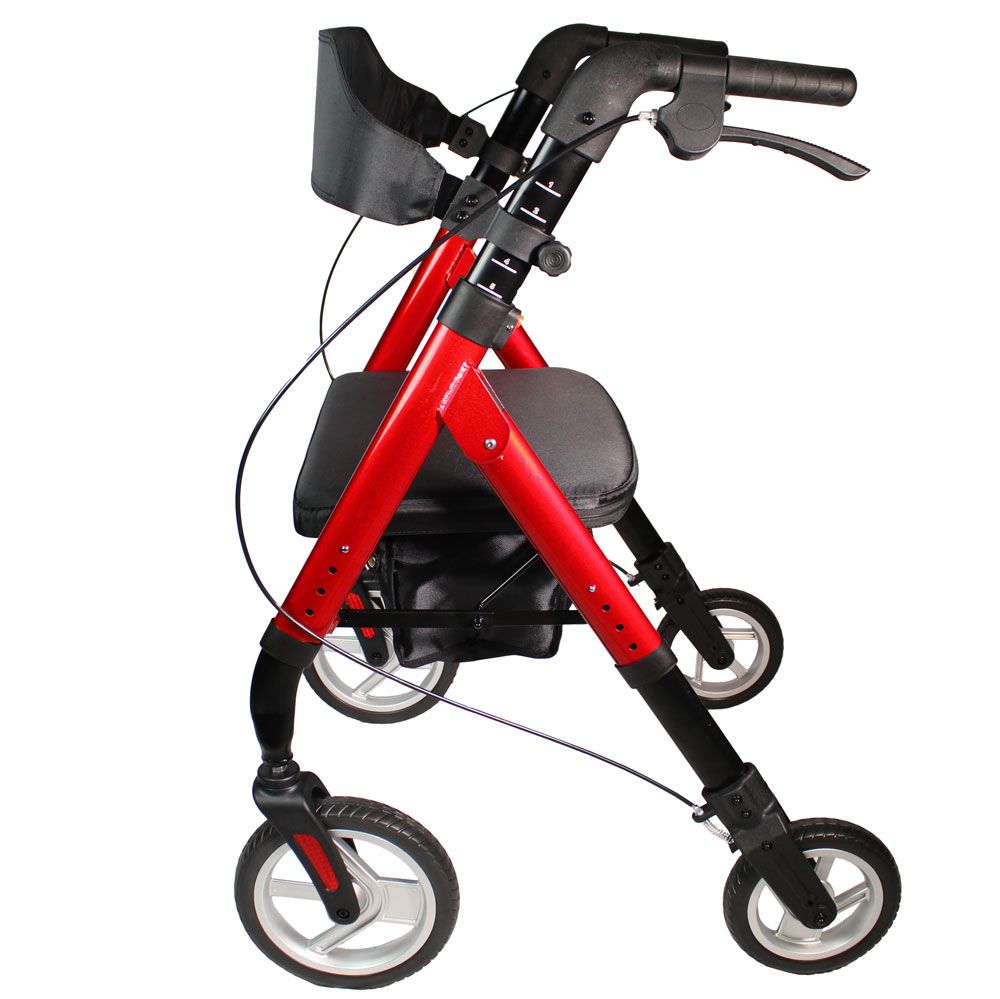 Rollator, Seitenansicht. Roter Rahmen, schwarzer Sitz und Rückenlehne. Vier Räder, Handbremsen und höhenverstellbare Griffe.