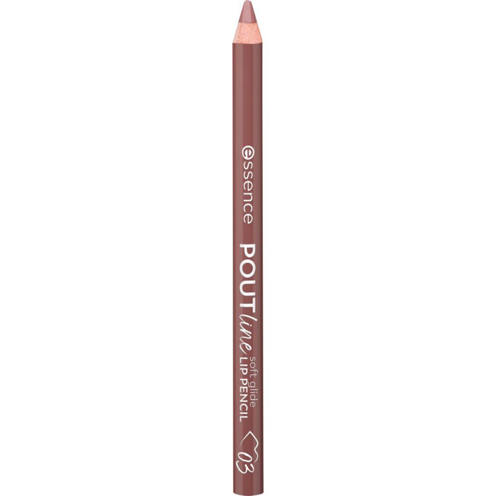 Lippenkonturenstift, braun. Aufschrift: Essence, Poutline Soft Glide Lip Pencil, 03. Spitze und Stiftende in gleicher Farbe.